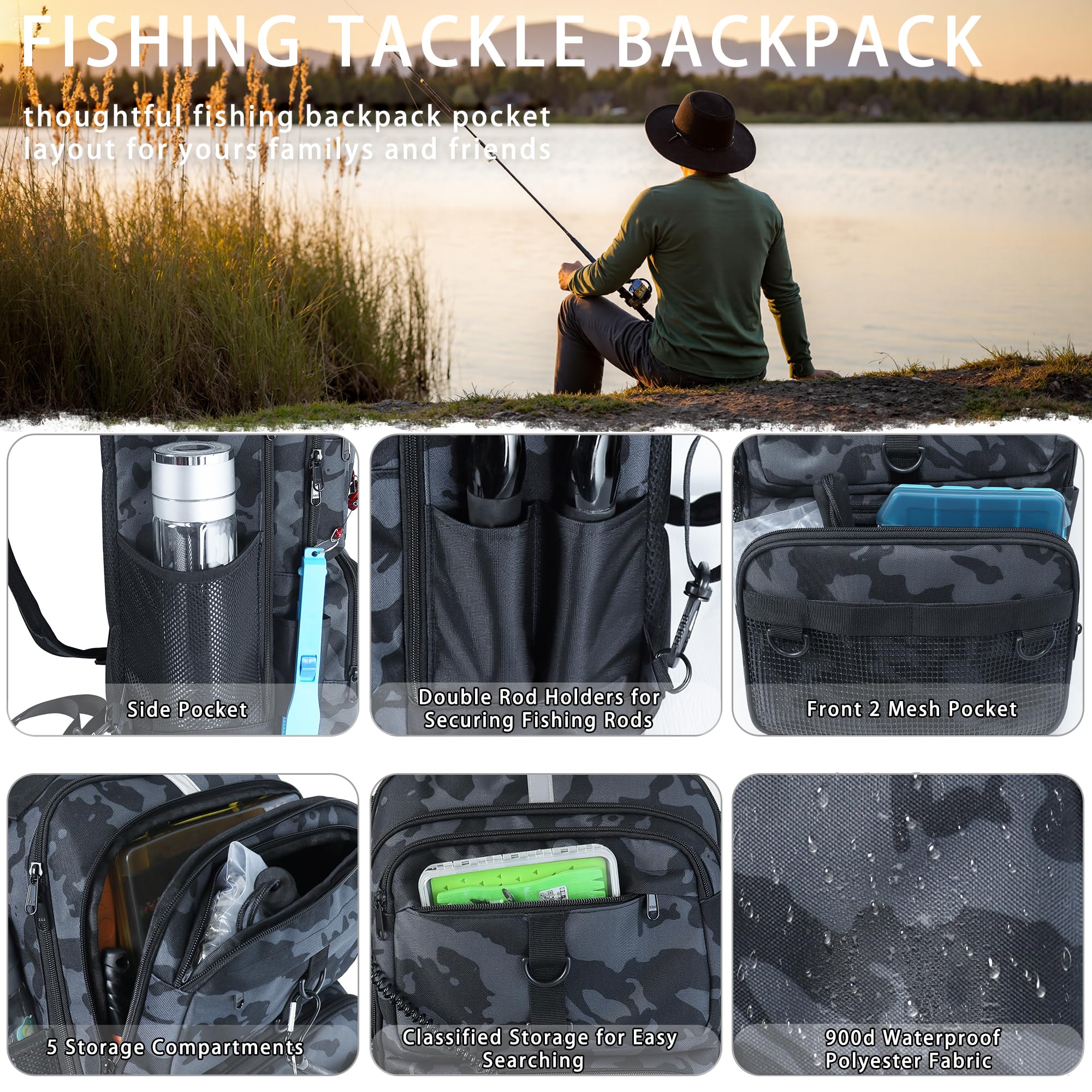 Fishing Backpack Tackle Box - Rod Holder & Lures -7