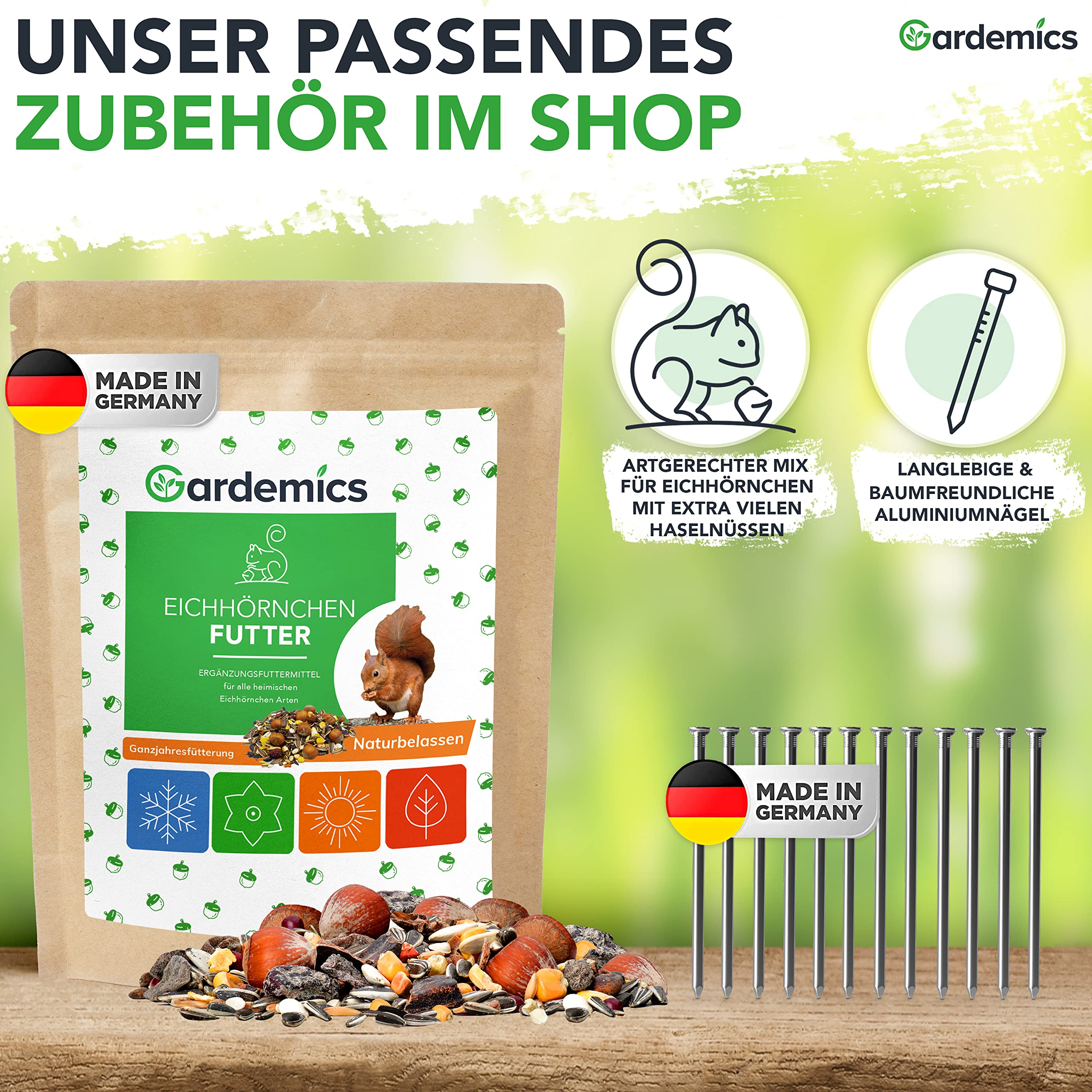 Gardemics Eichhörnchen Futterhaus wetterfest - Stabiles Eichhörnchen Haus aus verschraubtem Holz mit unbedenklicher Leinöl-Beschichtung - Eichhörnchen Futterstation inkl. Belüftungslöchern
