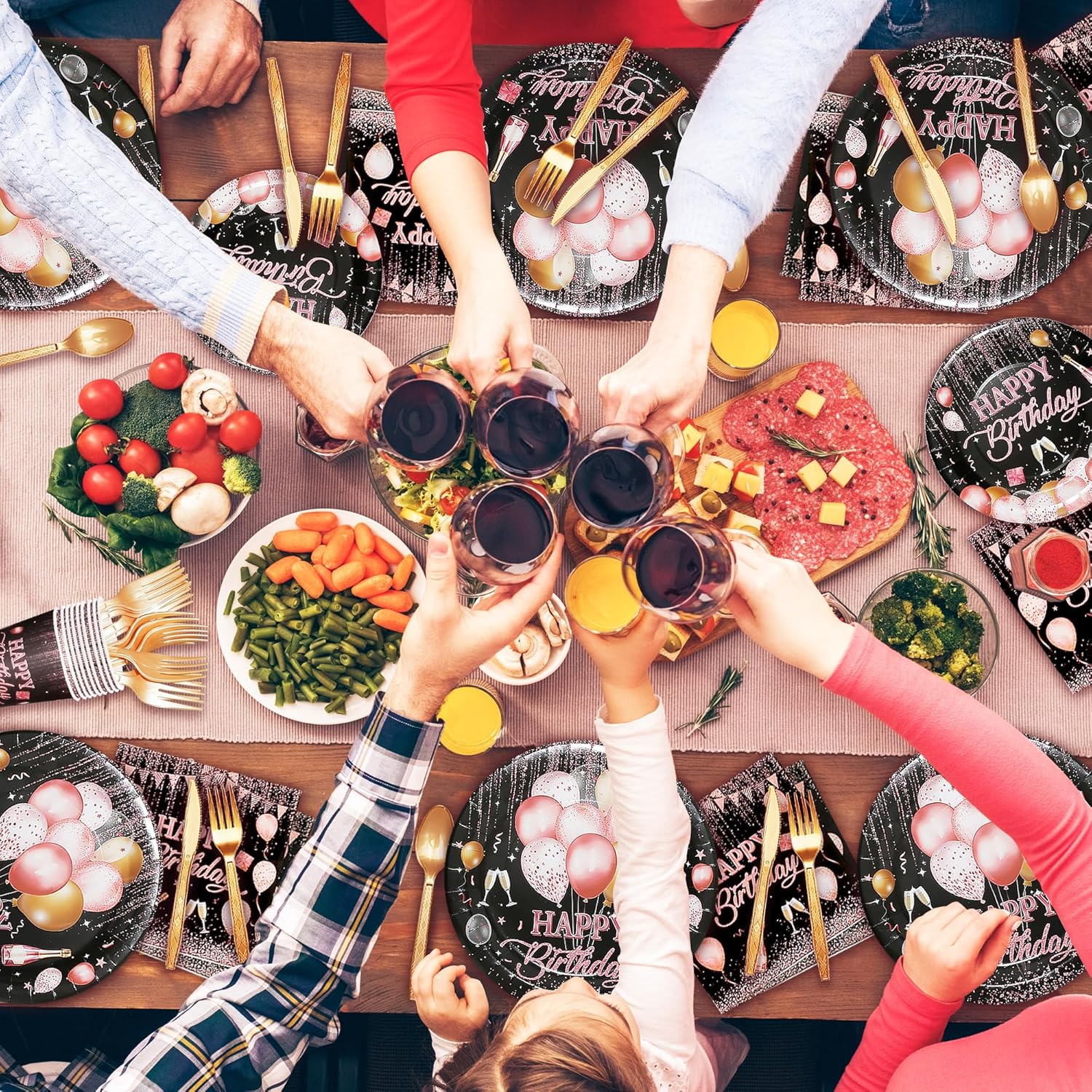 Party Spot! Black Pink Birthday Decorations For Women ,Rose Gold and Black Party Decorations Kit,Happy Birthday Supplies Set-Tableware Pack, Balloon Pump, Banner, Fringe Curtain For 12 Guest - Image 7