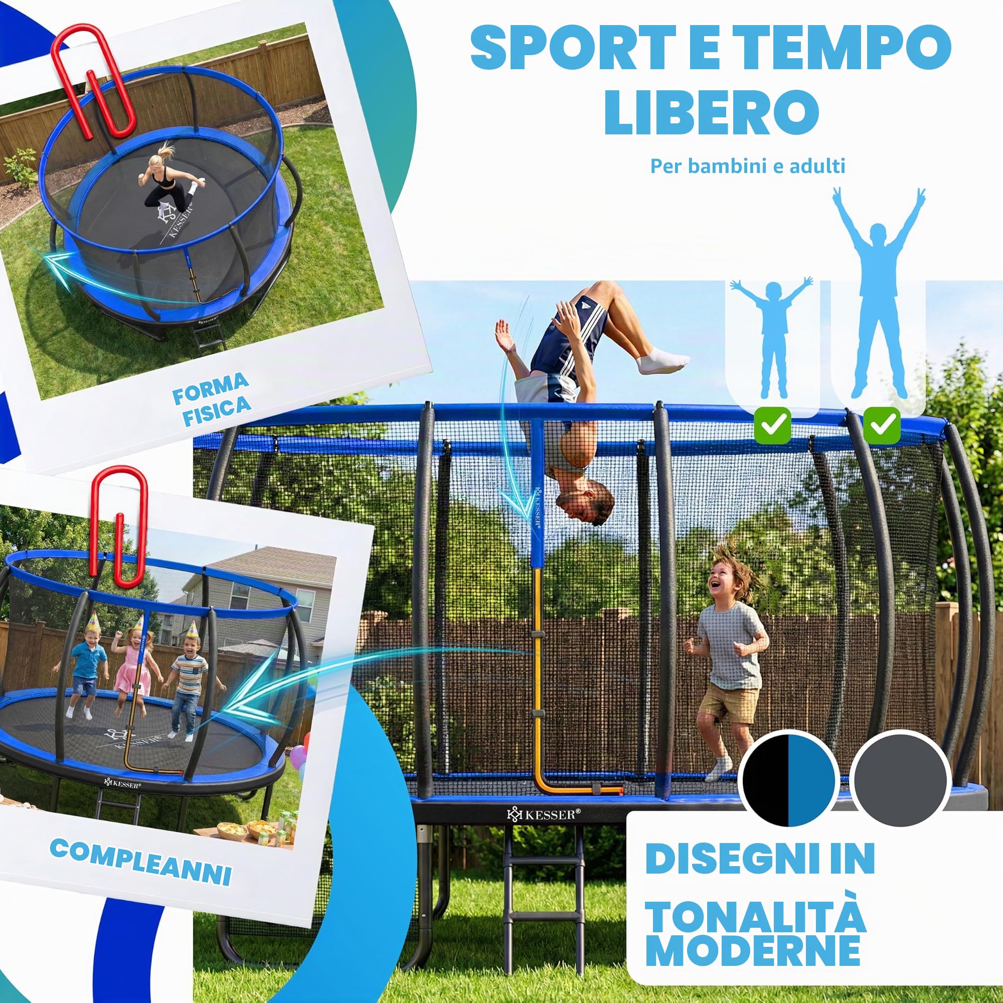 Kesser® Trampolino da giardino Ø 244/305/366/427 cm, certificato GS, trampolino per bambini e adulti < 150 kg con rete di sicurezza, sacca, scala, copertura per il bordo e barre della rete