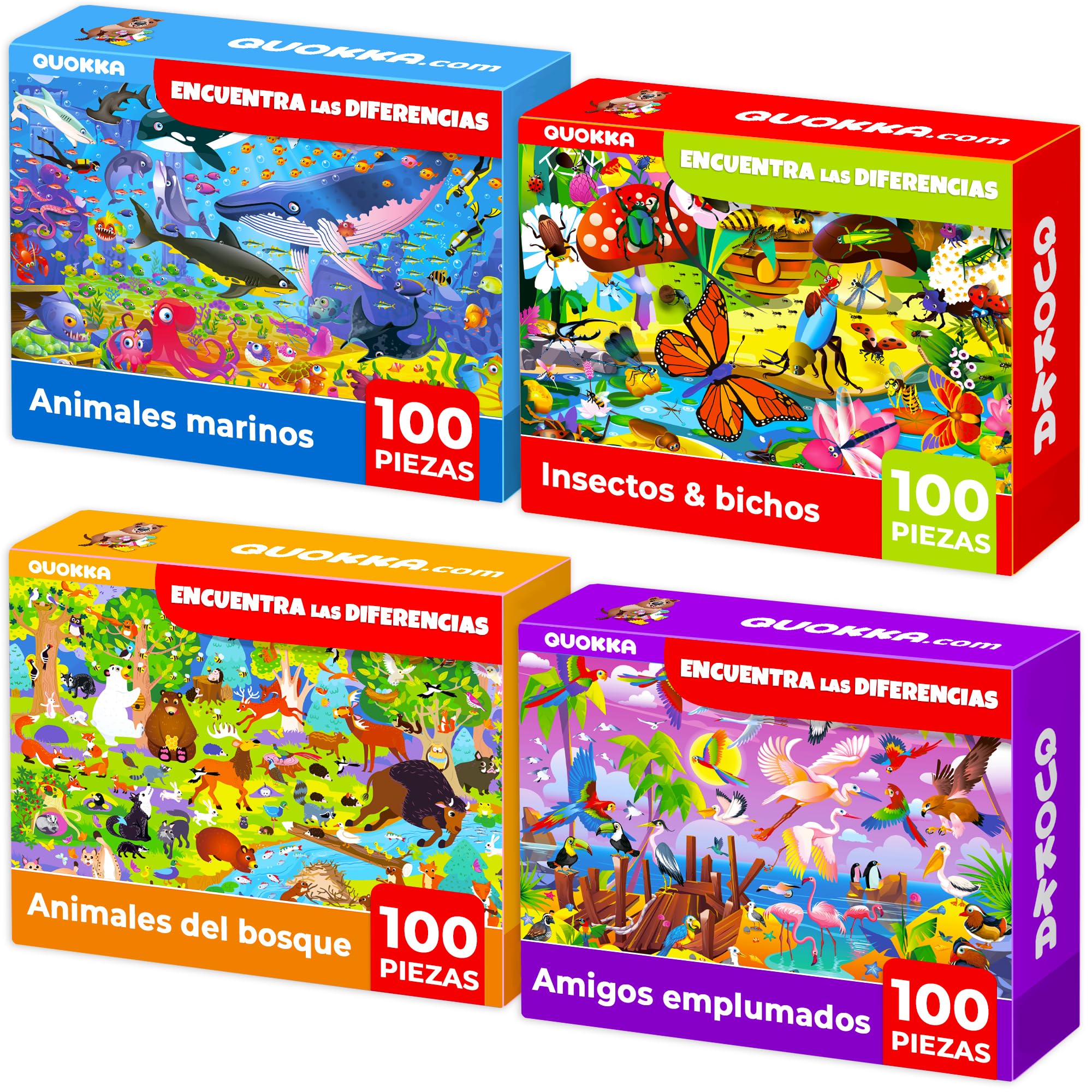 QUOKKA Puzzle 100 Piezas Niños 3 4 Años – Set de 4 Puzzles Animales Marinos 5 6 Años – Océano Bosque Animales e Insectos Rompecabezas Niños – Juguetes Educativos Regalo de 4 a 9