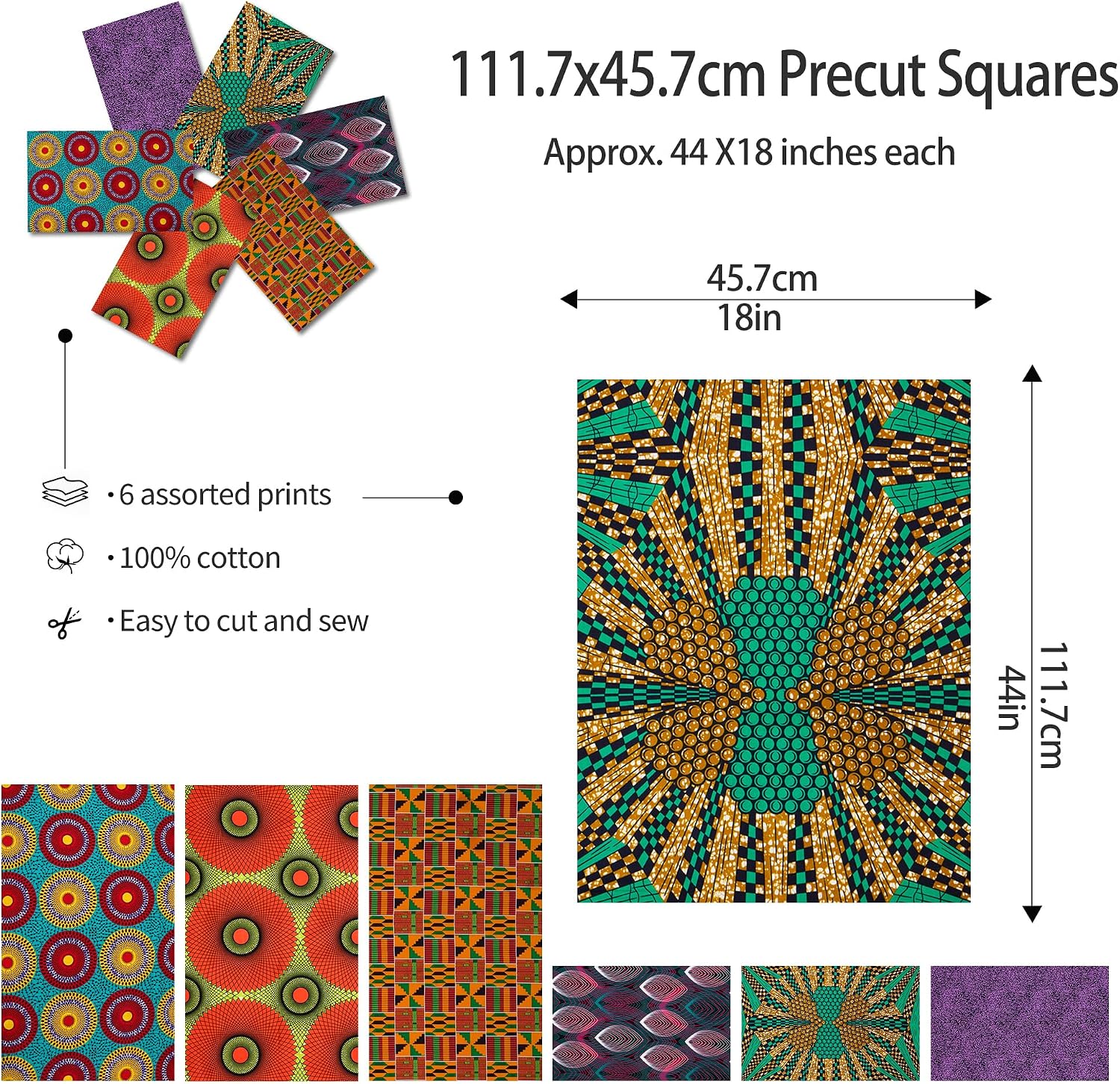 6 Pcs African Print Cotton Half Yard Bundle, 18 x 44 Inch No Repeat Kente Cloth Ankara Precut Fabric for Quilting, Sewing, Patchwork and Home Decor