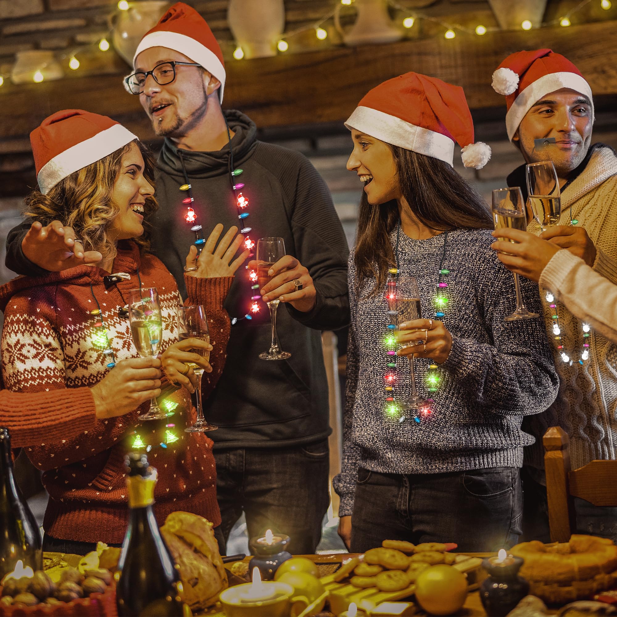 Collar de Navidad, 4 collares de Navidad iluminados, bombillas brillantes para árbol de Navidad, Papá Noel y bastón de caramelo, 3 modos de recuerdos coloridos de fiesta de Navidad, accesorios 4