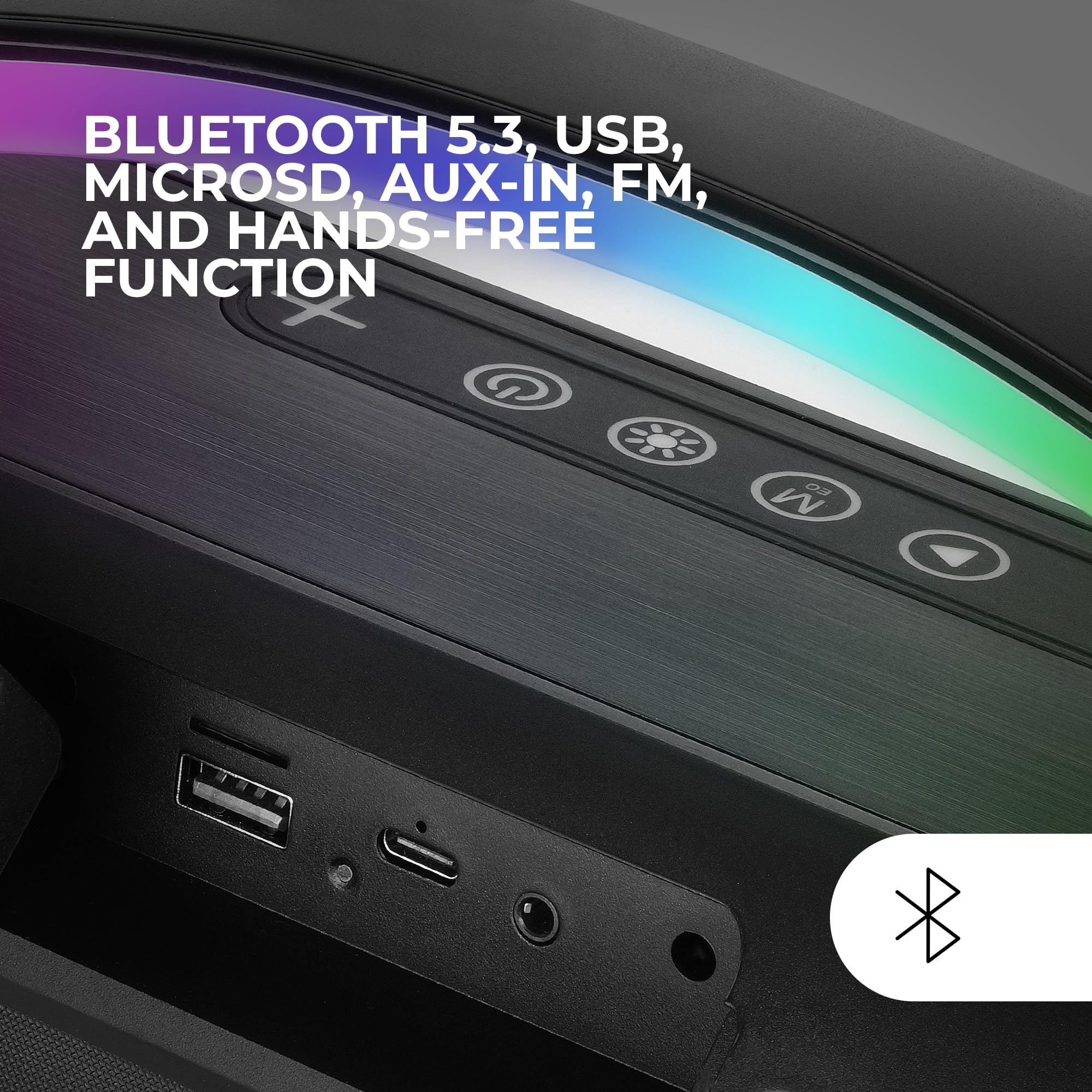 Mars Gaming MS-Pulse, Altavoz Bluetooth Portátil 50W RMS, Iluminación RGB, 2 Drivers Activos 93mm + 2 Drivers Pasivos Ultra-Bass, Función Manos Libres, USB/MicroSD/AUX/FM, Asa y Correa, Negro