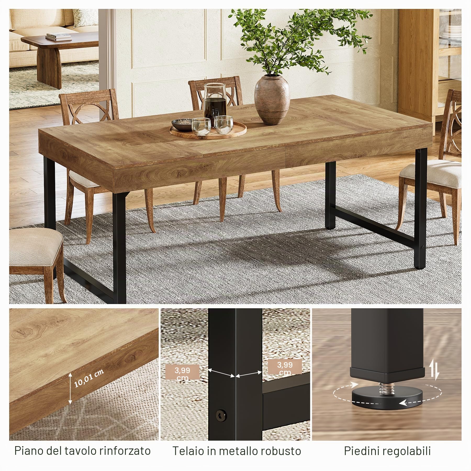 Tribesigns Tavolo da pranzo per 4-6 persone, 140 cm, industriale, rettangolare, con gambe in metallo resistente, per casa, sala da pranzo, piccoli spazi, marrone rustico
