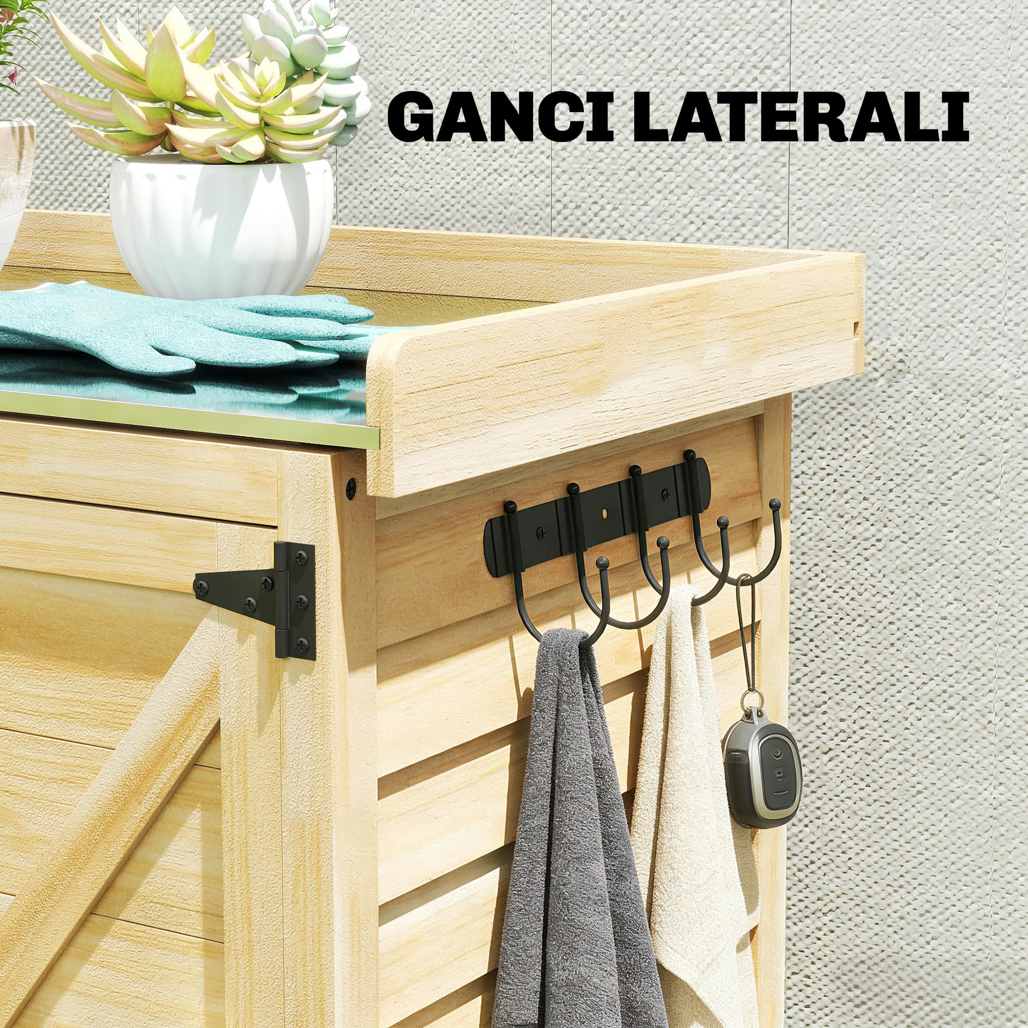 Outsunny Casetta da Giardino in Legno di Abete con Ripiani e Ganci Laterali, Armadio da Giardino con Doppia Porta e Piano di Lavoro in Acciao Zincato per Terrazza Patio, 71.5x39x95cm, Naturale