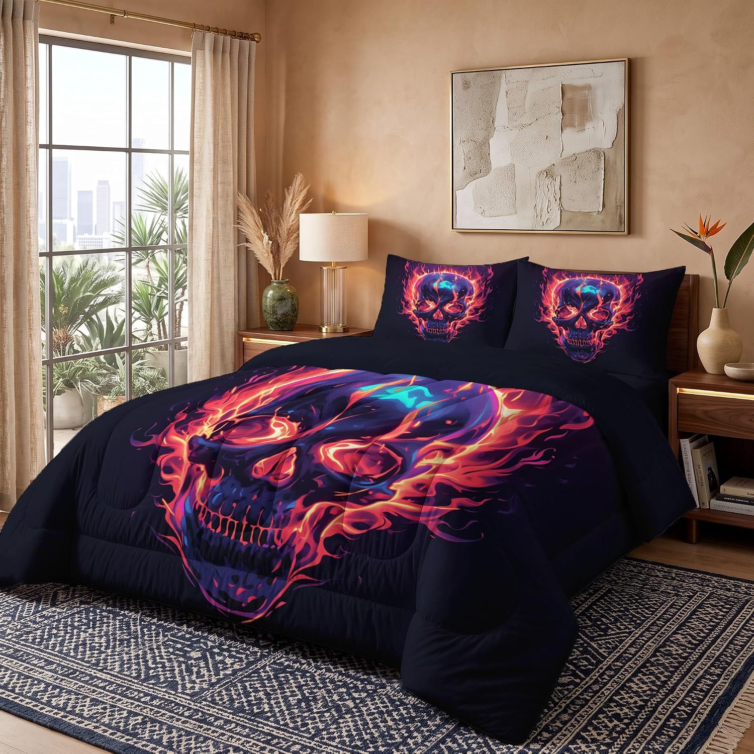 Surrealism Quilt Set Queen 3 Pieces, Black Quilts Bedding Set Burning Flame Skull Bedspread Bed Cover Lightweight Spring Summer Beds Coverlet for All Season - 90"X90"