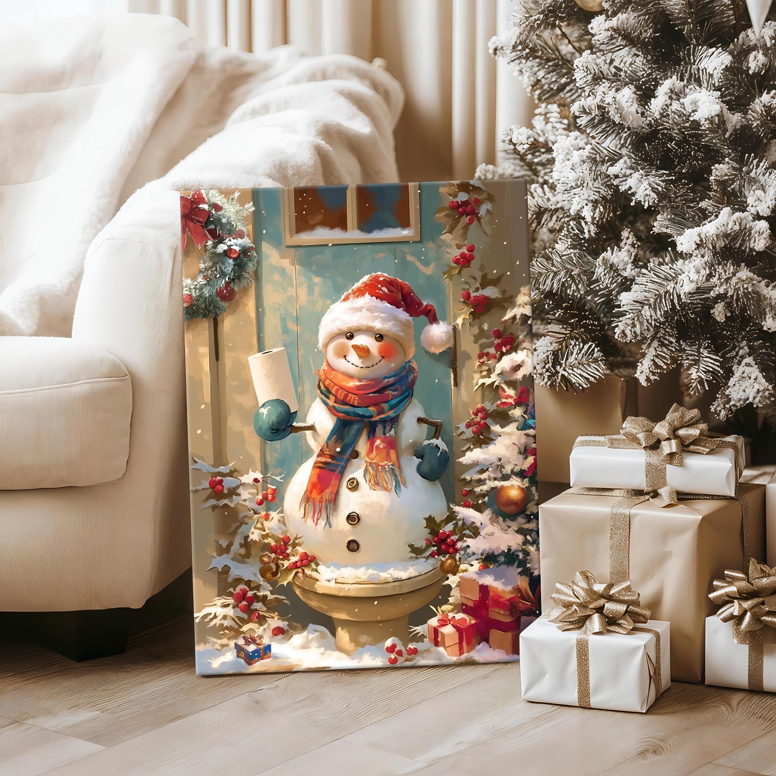 Red Christmas Snowman in Hat Scarf Canvas Wall Art - Image 3