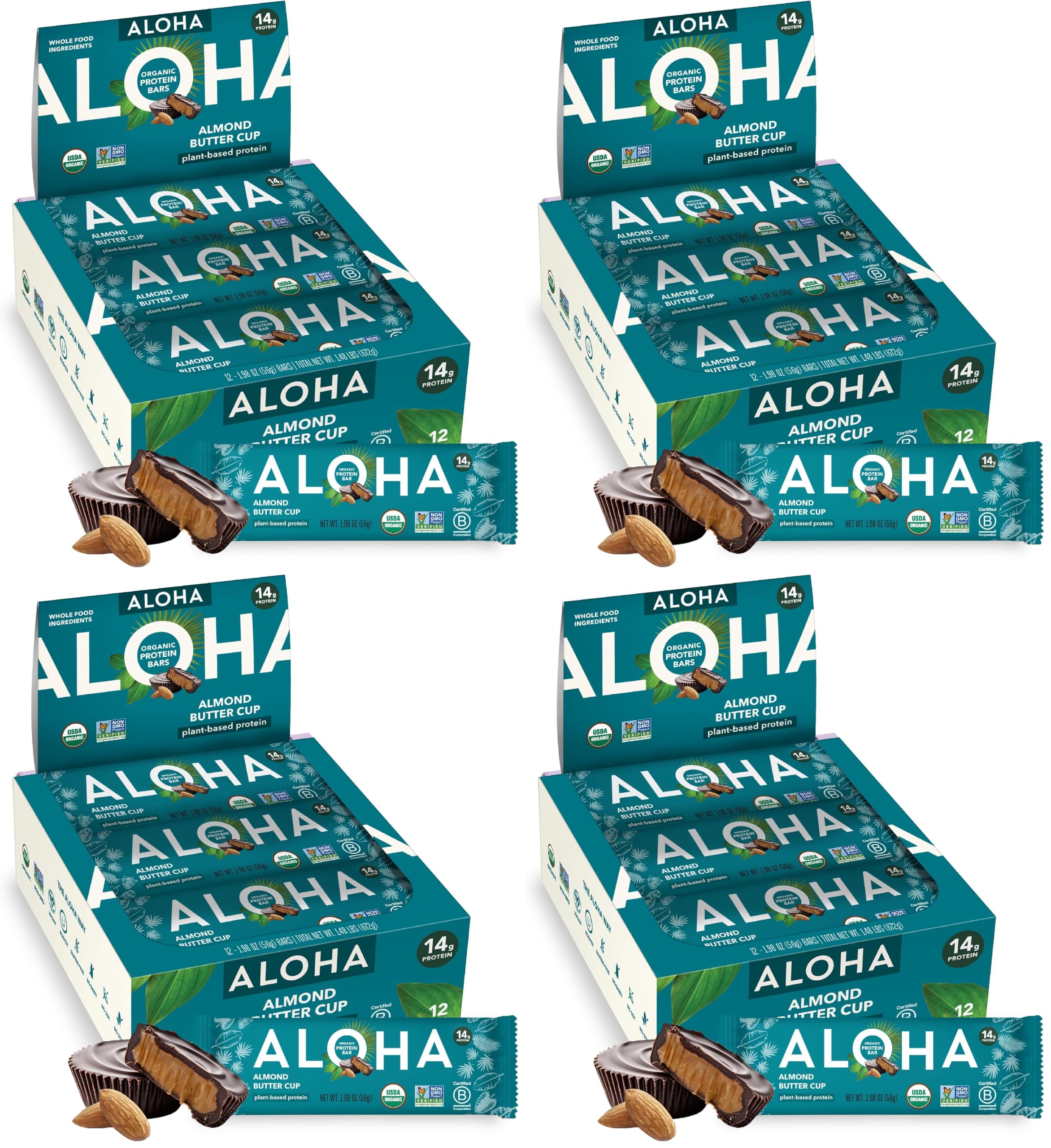 ALOHA Organic Plant Based Protein Bars - Almond Butter Cup - 12 Bars, Vegan, Low Sugar, Gluten-Free, Paleo, Low Carb, Non-GMO, No Stevia, No Erythritol (Pack of 4) Almond Butter 12 Count (Pack of 4)