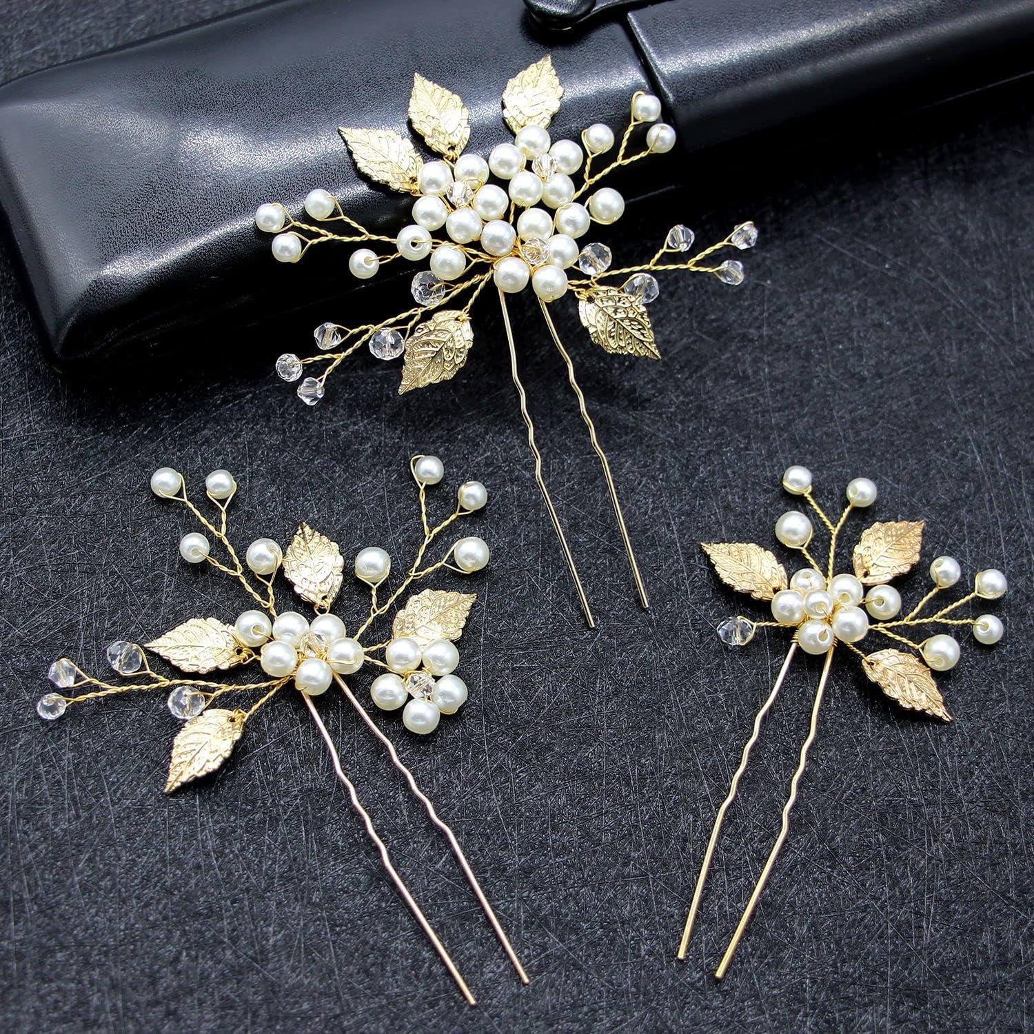 Pearl Hair Accessories Crystal Beaded Handmade Hair Pins For Brides Bridesmaid Hair Piece Tiara Vine For Hair Decoration, Vintage Floral Design, Perfect for Brides, Bridesmaids – 3 Pcs, Gold.