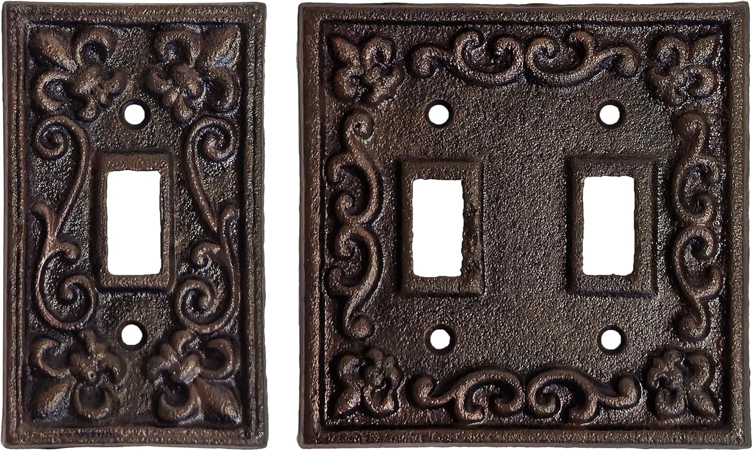 Lulu Decor, Fleur De Lis Cast Iron Switch Plate in antique rustic brown finish, perfect for any room or office space. (2 Piece Set)