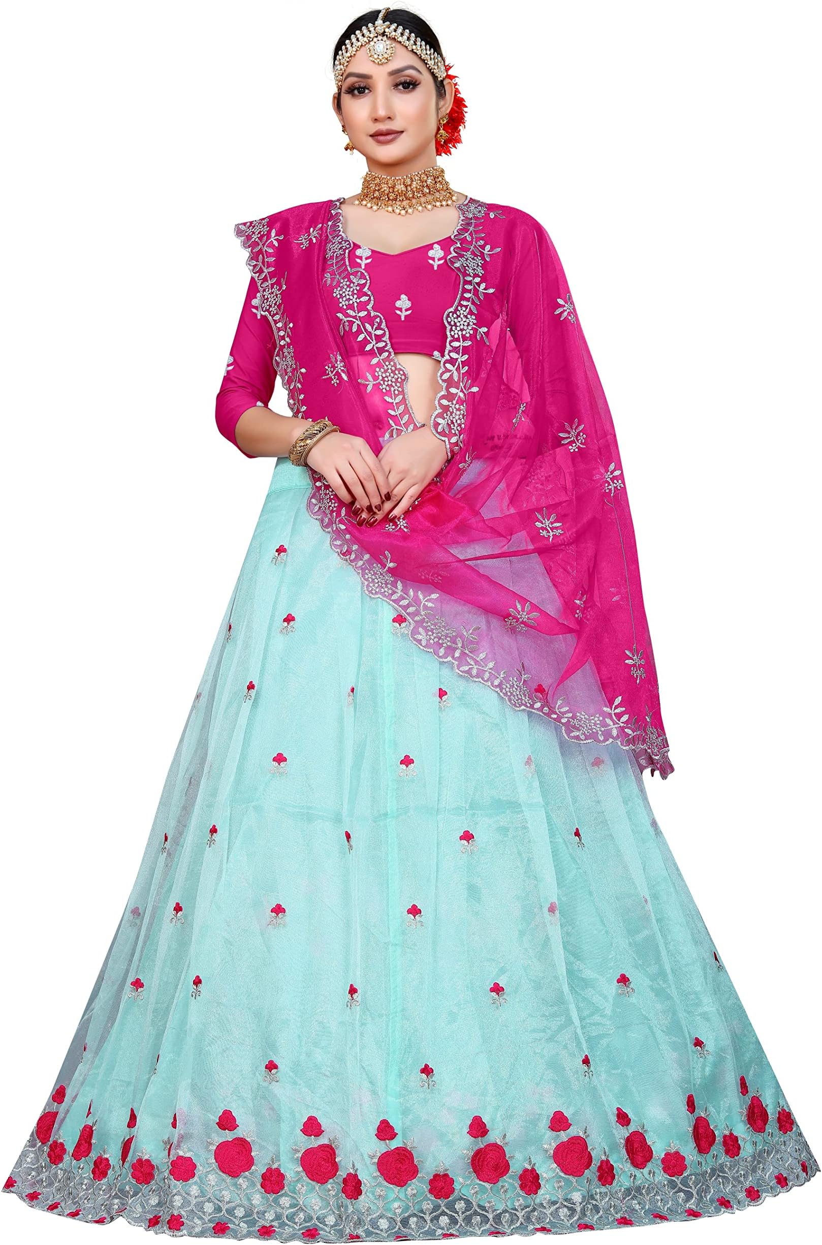 Jinnar Women's Net Embroidered Semi-Stitched Fancy Lehenga, Choli and Dupatta (Part-wear Lehenga Choli, Wedding LehengaCholi)