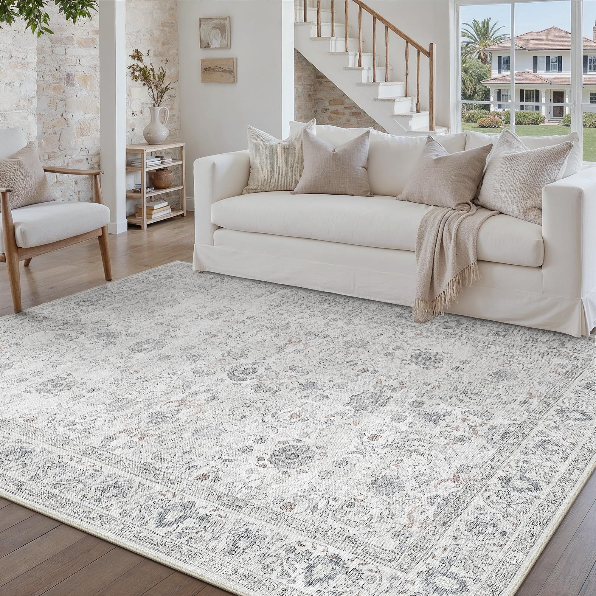 PureCozy Washable Grey Rugs Living Room 160x230cm Large Vintage Carpet