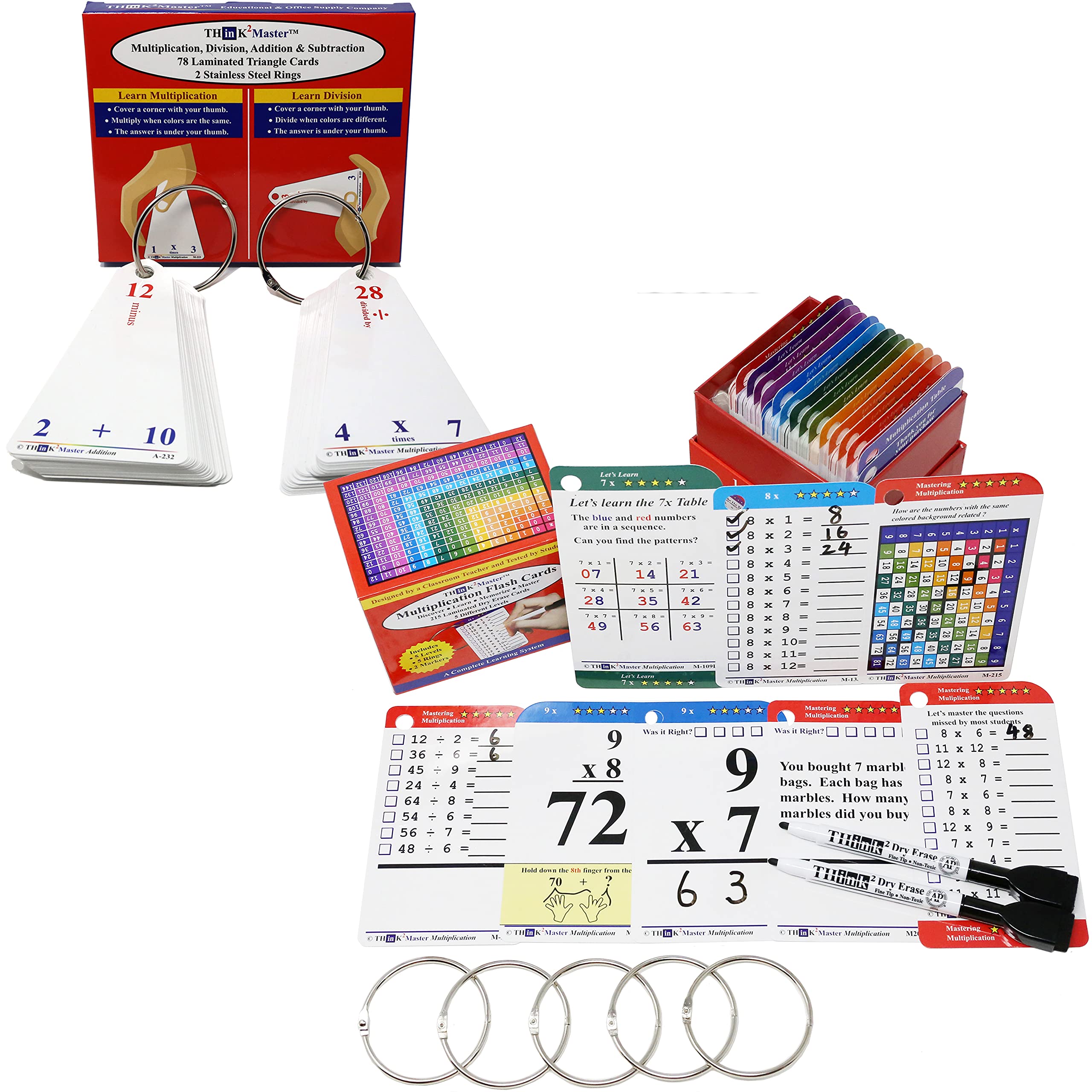 Think2Master Premium 215 Laminated Multiplication Flash Cards & Multiplication Division Addition Subtraction Triangle Flash Cards. (All 0-12 X facts)| Learn More Than Multiplication.| Designed By A Te