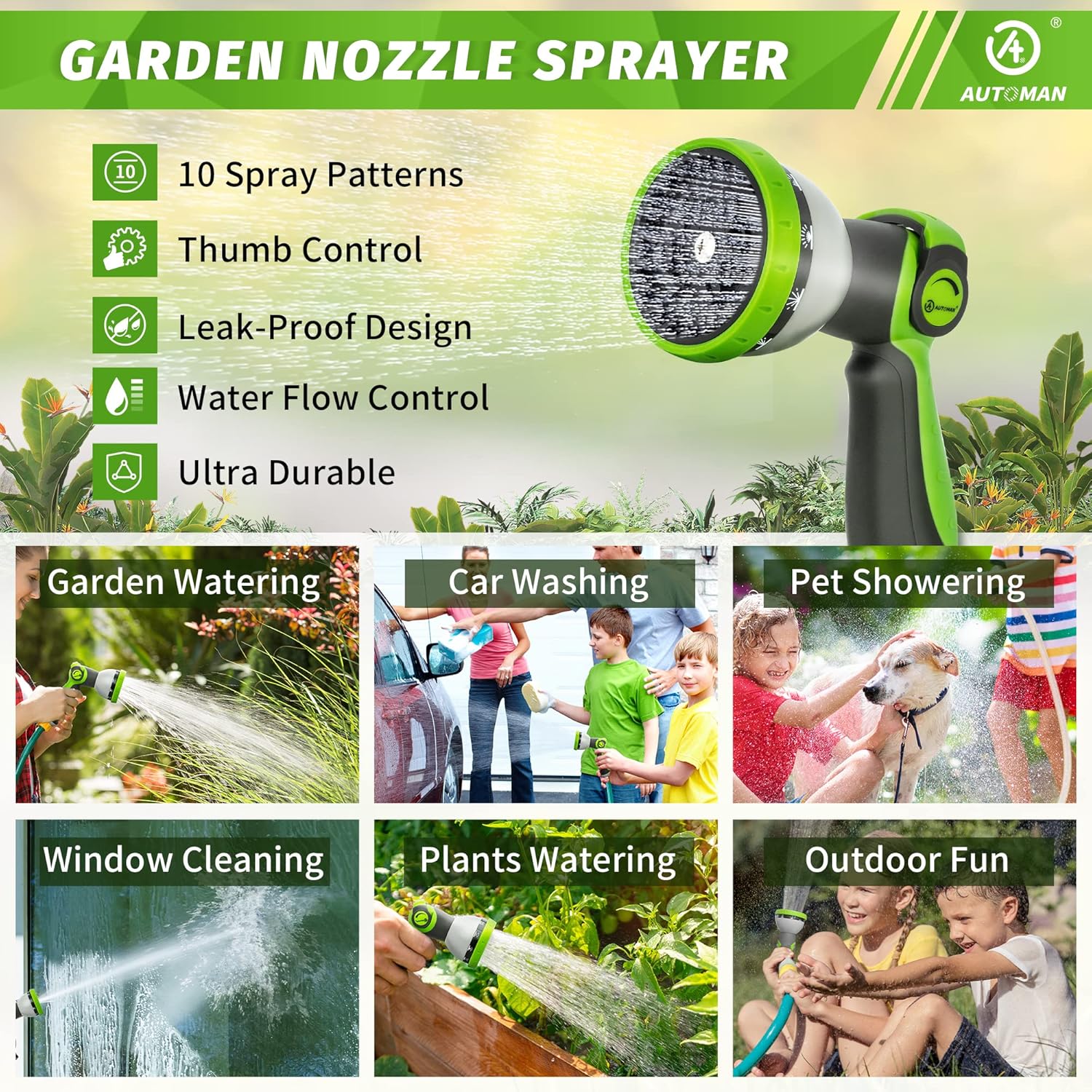 AUTOMAN 7 Patterns Watering Nozzle & 10 Spray Patterns, Thumb Control On Off Valve, Durable Water Nozzle, Extra 4 Washers, for Watering Garden, Cleaning, Washing Car, Showering Pets