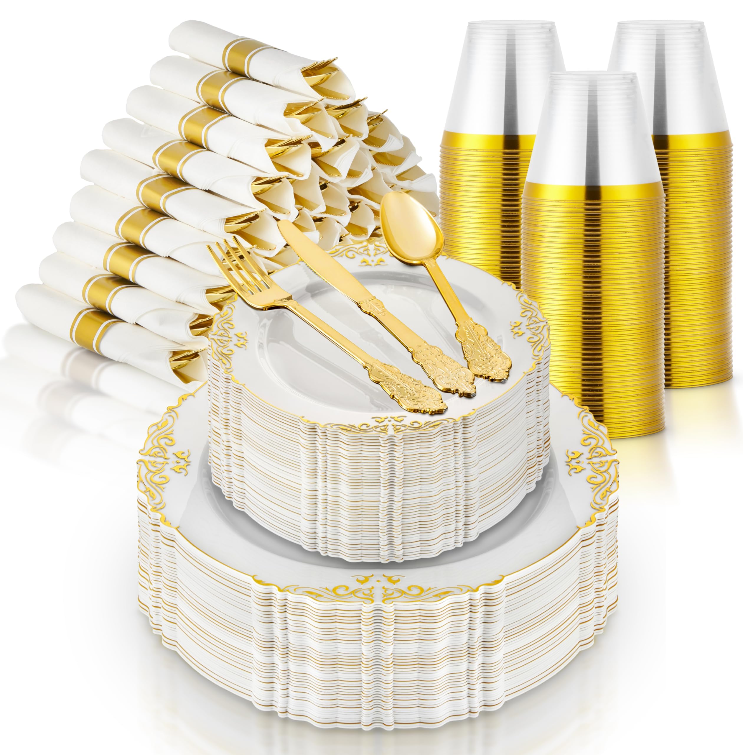 Stock Your Home White and Gold Plates Set with Pre-Rolled Cutlery with Napkins & Gold Cups, Dinnerware for 50 Guests (350pcs), Disposable Party Sets