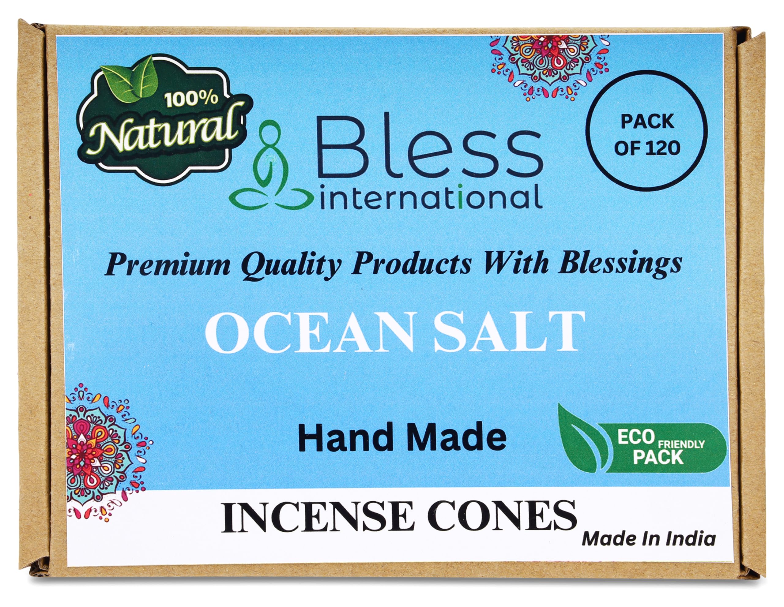 Bless InternationalOcean-Salt 100%-Natural-Incense-Cones Handmade-Hand-Dipped Organic-Chemicals-Free for-Purification-Relaxation-Positivity-Yoga-Meditation The-Best-scents (120 Count)