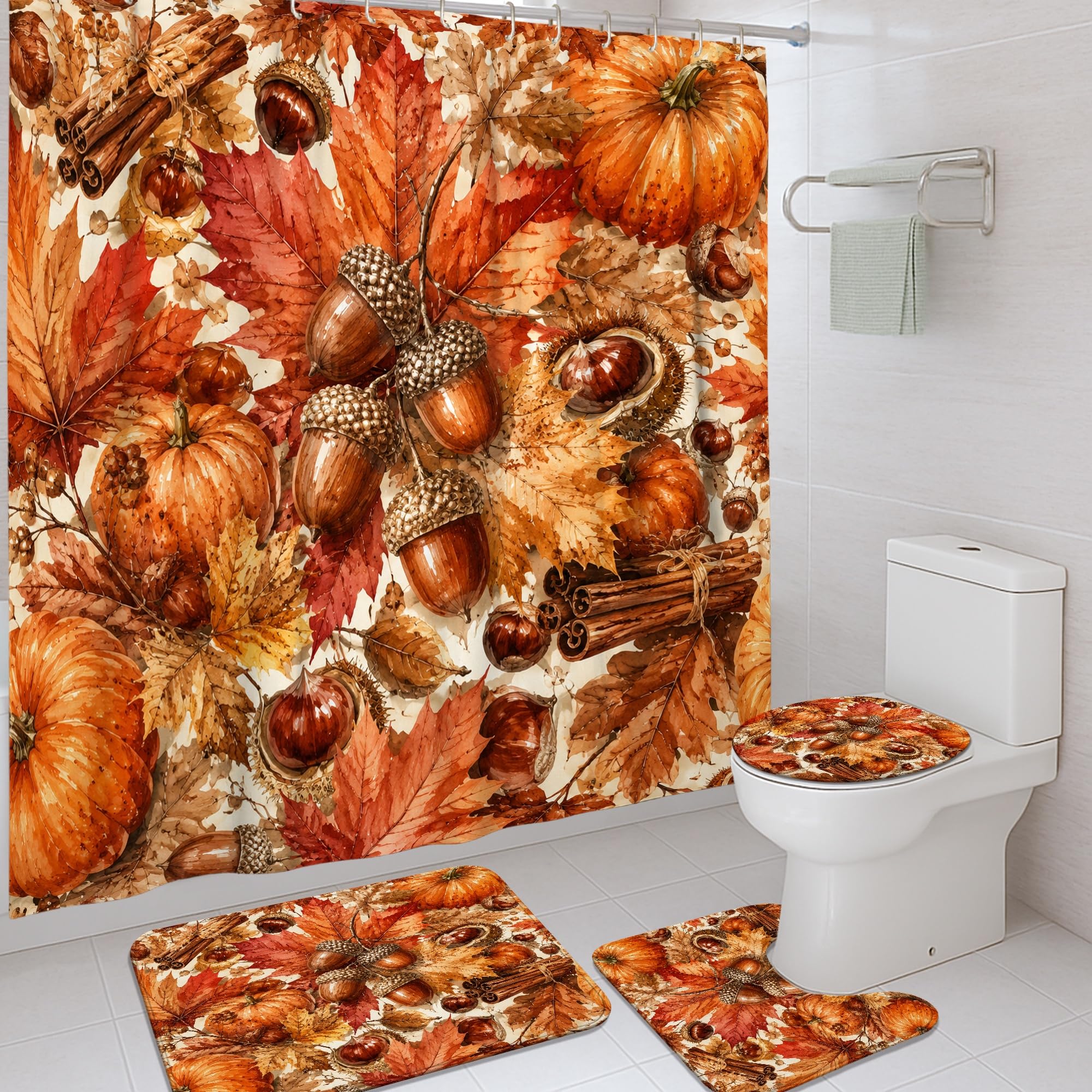 Rideau de douche imperméable orange 183x183 avec tapis citrouilles