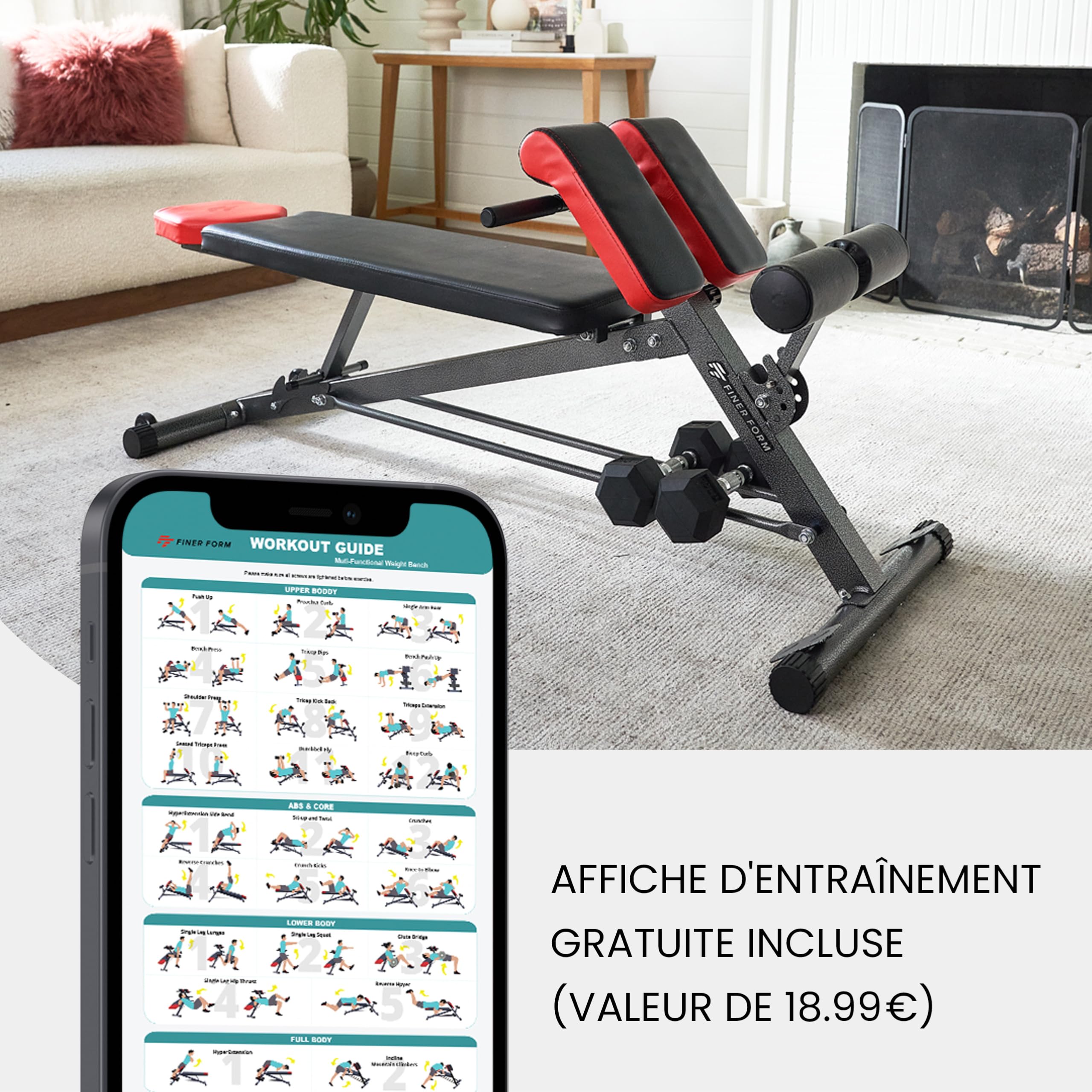 Finer Form – Banc multifonction pour entraînement complet du corps tout en un – Extension du dos – Chaise romaine, abdos réglable – Banc de musculation