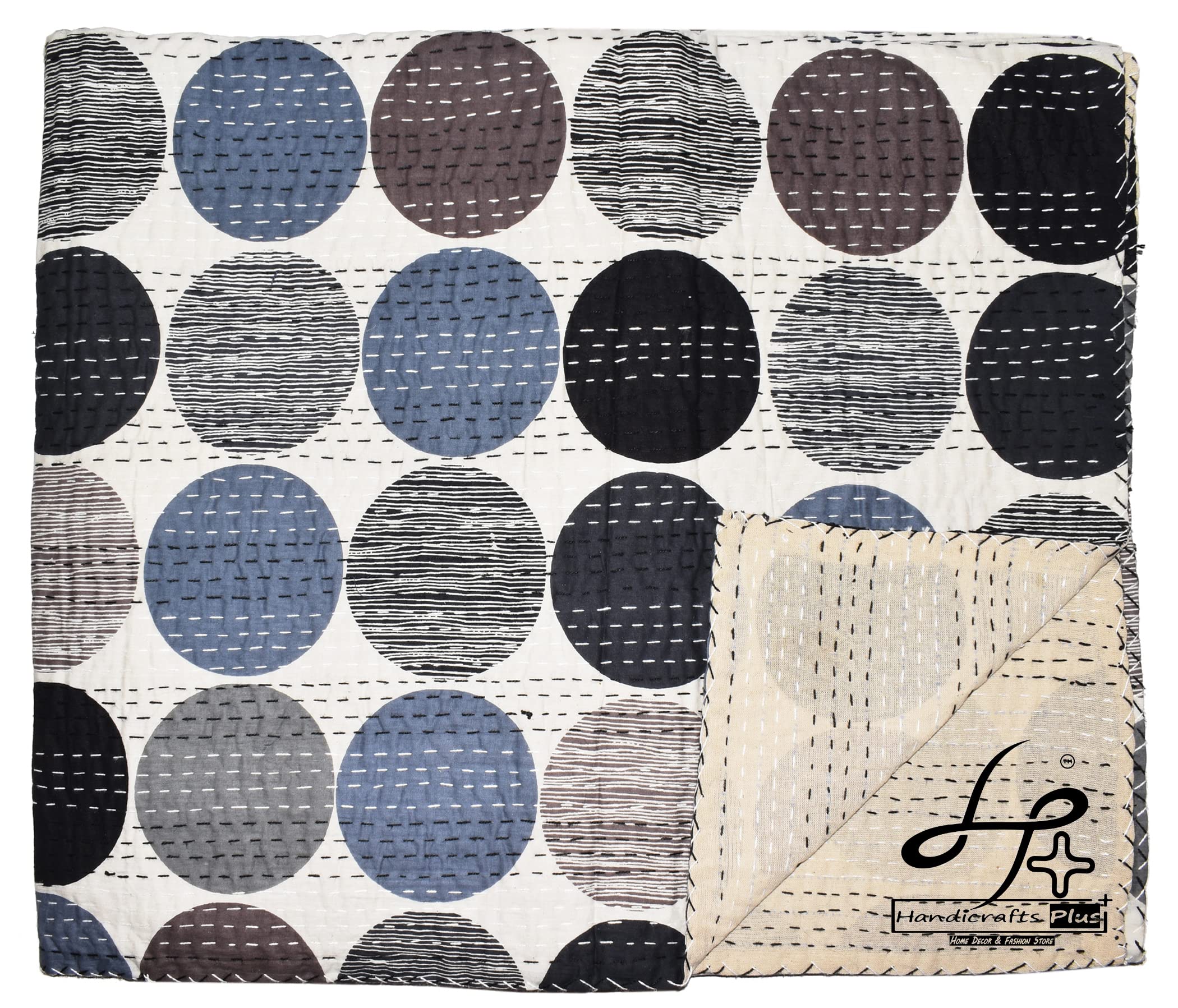 Handicrafts Plus King Size Kantha Quilt New Indian Cotton Gudari Handmade Bedding Bedcover Floral Print Beautiful Bedding Bedcover Beautiful Black Color Coverlet Handmade Bedspread 90x108''