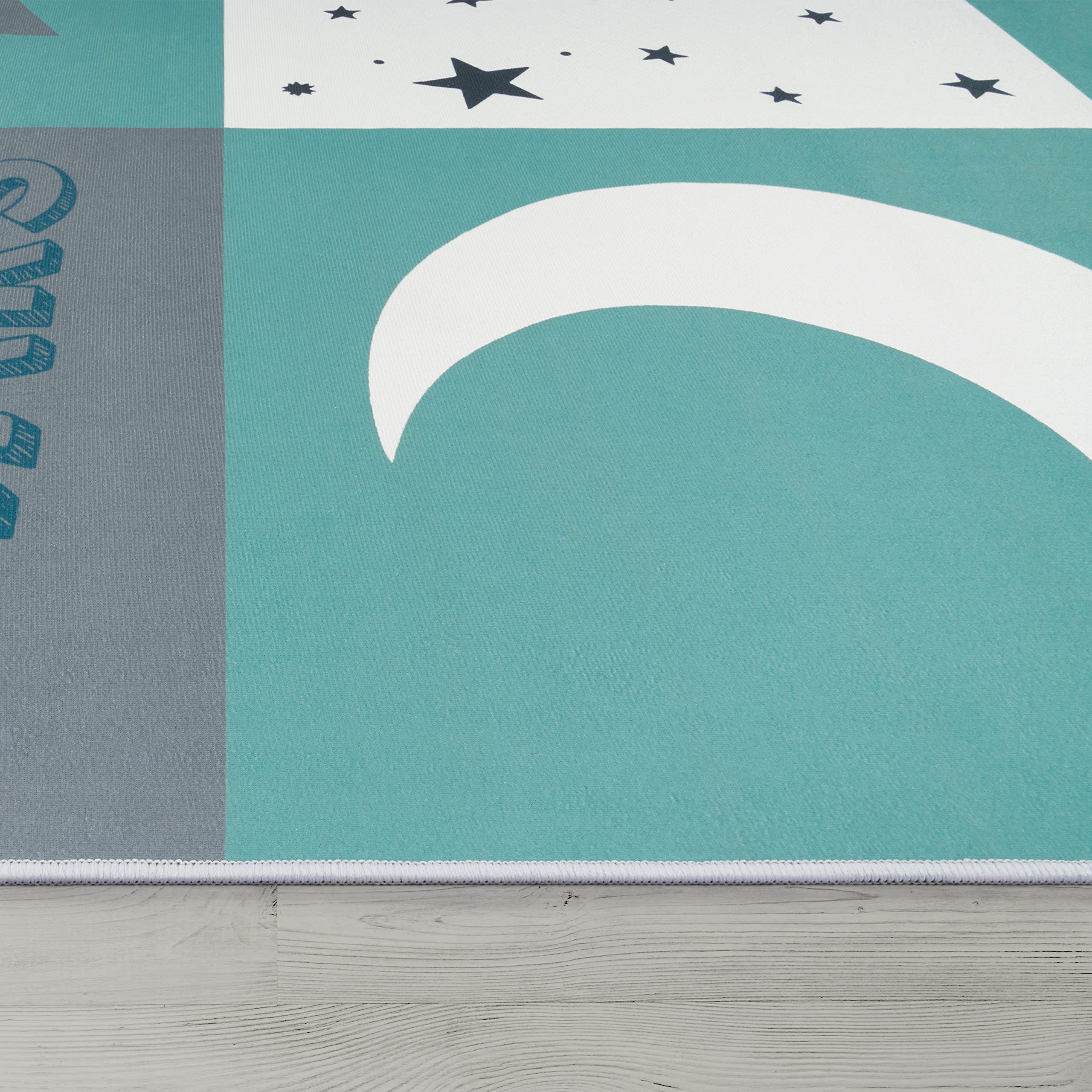 Paco Home Tappeto per i bambini, tappeto per la camera dei bambini con stelle, luna e motivi a quadri, Dimensione:140x200 cm, Colore:Turchese