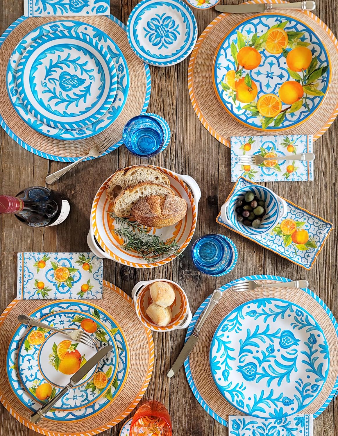 Le Cadeaux Luxury Melamine Large Two Handled 16 inch Shallow Serving Bowl, Sicily Teal