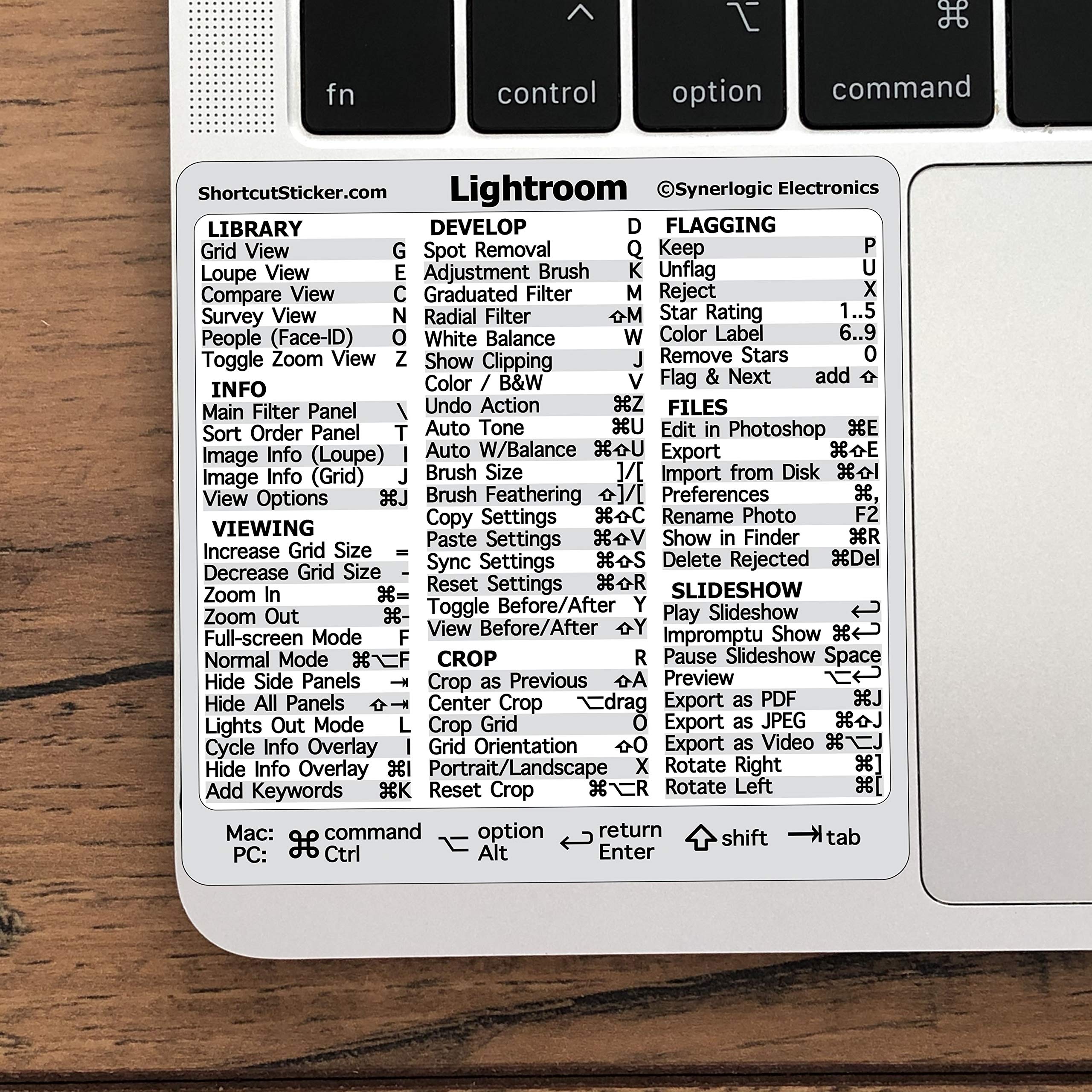 Synerlogic Adobe Lightroom Quick Reference Keyboard Shortcut Sticker, No-Residue Laminated Vinyl, for Any MacBook or Windows PC