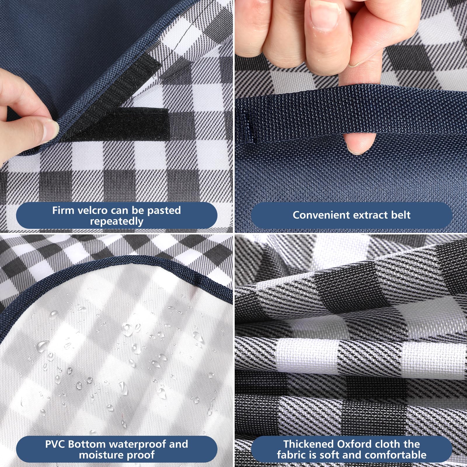 GUSUWU Picnic Blanket Waterproof Beach Rug 200×200cm Picnic Mat Washable Lightweight with Handle Navy Blue Checkered for Hiking Travelling Outdoor Camping,Parks - Image 3