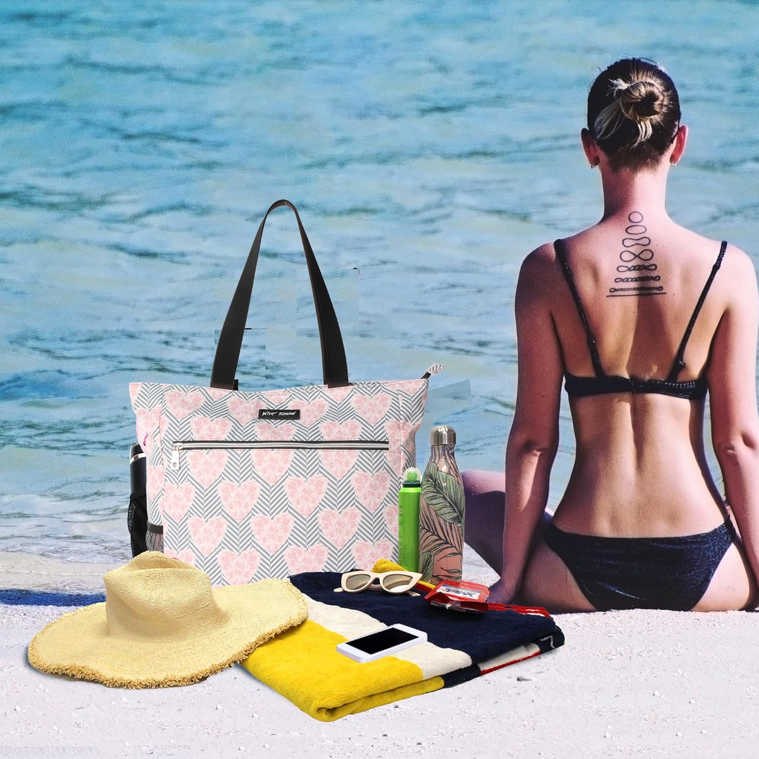 Betsey Johnson 15.6 Inch Zipper Beach Tote Bag Lightweight Large Durable Polyester with Mesh Side Pockets for Gym Work | 15.6 Inch, Zipper, Lightweight, Large, Durable, Mesh Side Pockets - Image 7