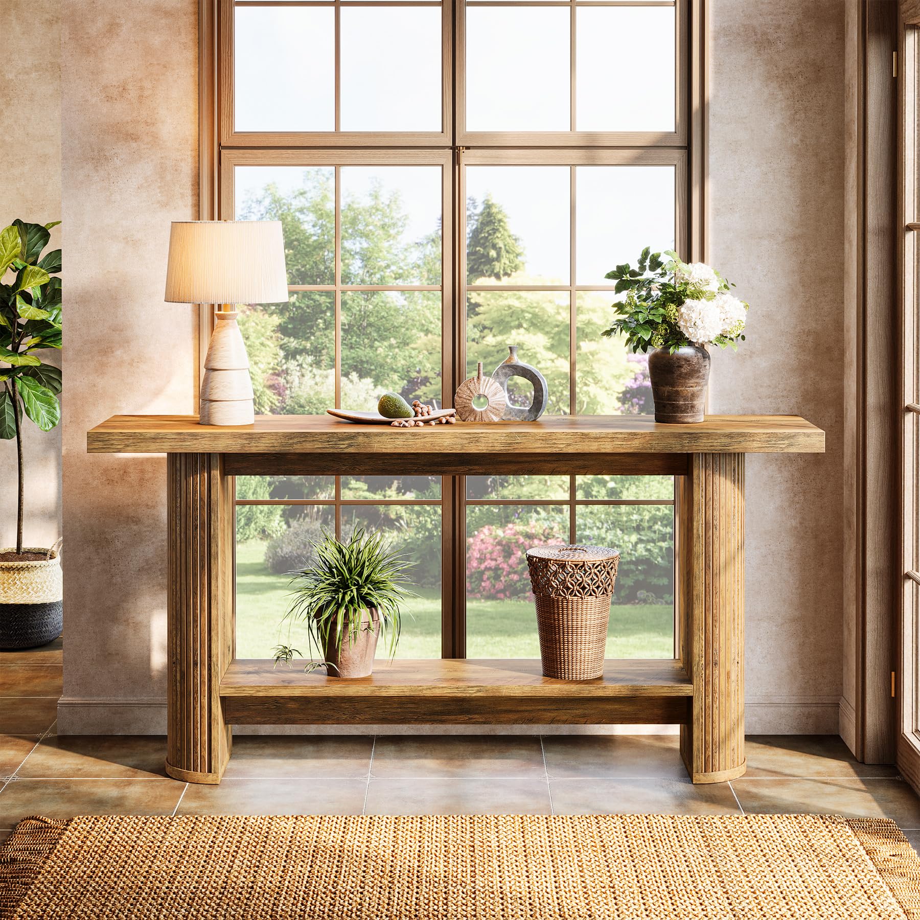 Tribesigns Mesa de Consola, Mesa de Entrada Moderna de 140 cm, Consola Recibidor Angosta para Sofá, Consola Madera con 2 Estantes para Pasillos, Entrada o Sala, Marrón