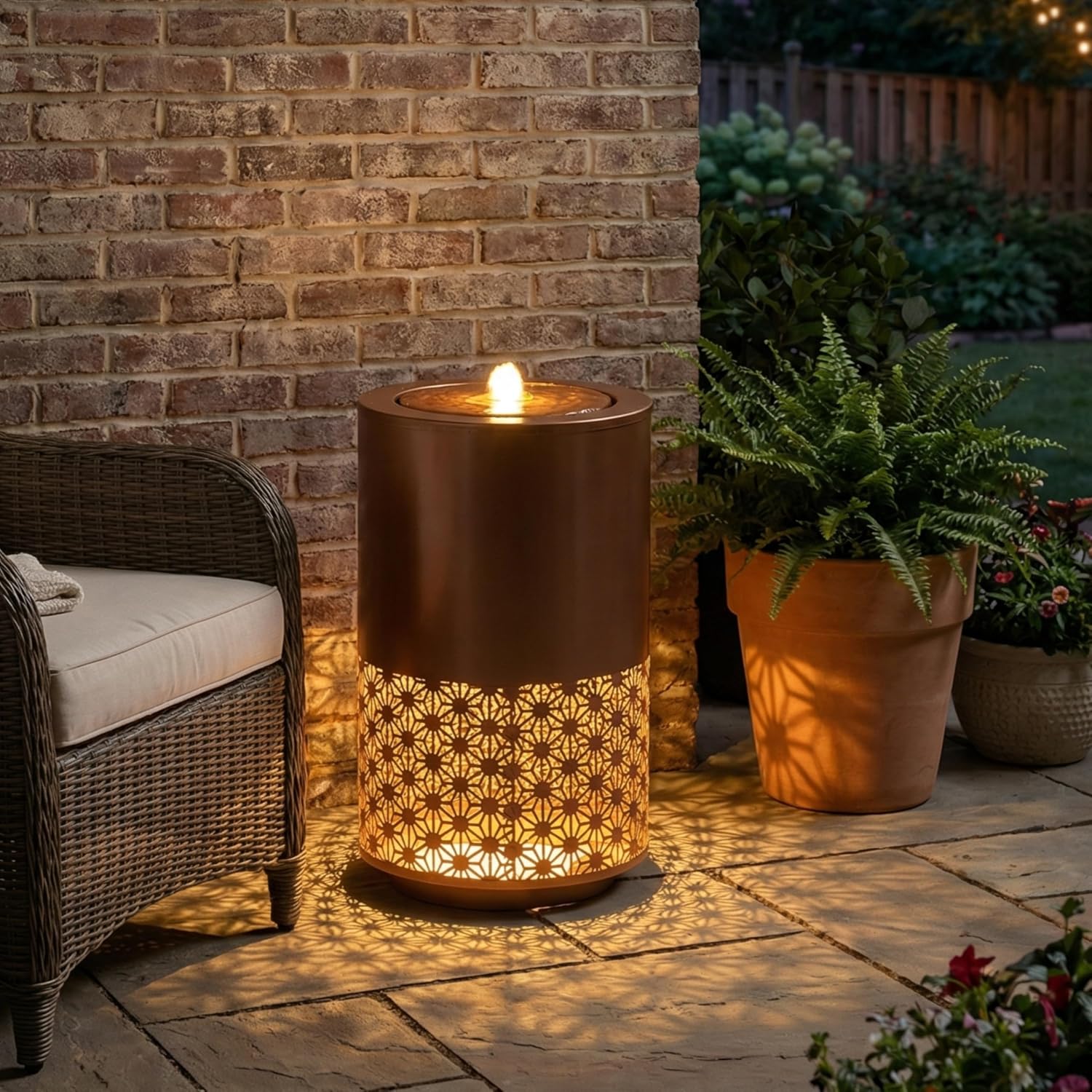 Christopher Knight Home Leva 20.87" H Metal Water Fountain Outdoor with LED Light, Recirculating Pump Outdoor Fountain for Lawn/Backyard, Freestanding Candle Style Cascading Water, Brown