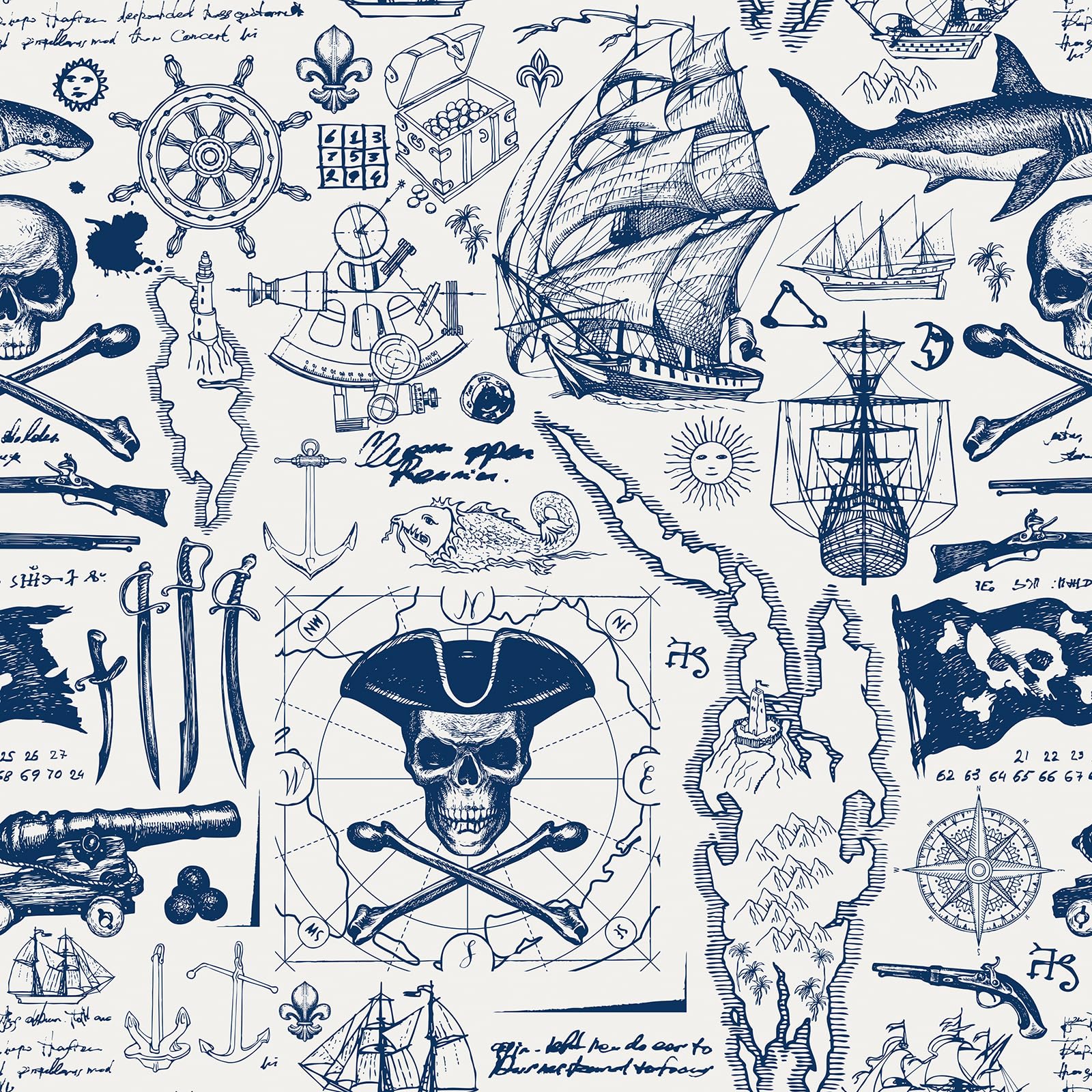 ReWallpaper Navy Sticky Back Plastic Beige Blue Pirate Ship Wallpaper Patterned Contact Paper for Furniture Cabinets Door 44.5CMx3M Peel and Stick Wallpaper Boys Bedroom Nautical Themed