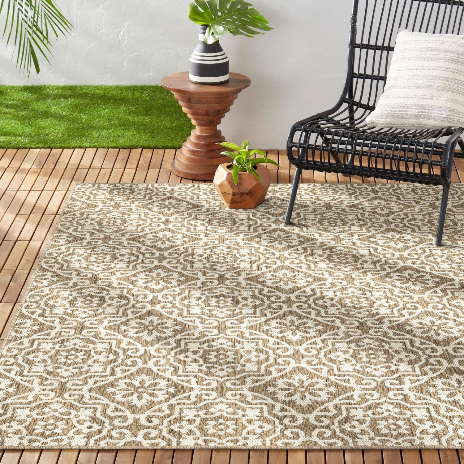 Nicole Miller New York Patio Country Danica Transitional Geometric Indoor/Outdoor Area Rug, Brown/Beige, 6'6"x9'2"