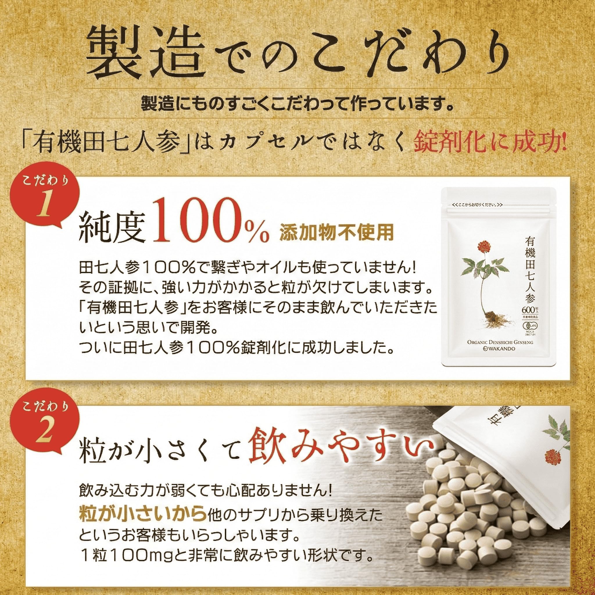 Amazon | 和漢堂 有機 田七人参 サプリメント 有機JAS認証 サポニン