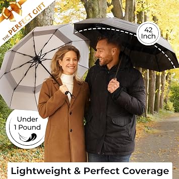 TUMELLA Strongest Windproof Travel Umbrella (Compact, Superior & Beautiful), Small Strong but Light Portable and Automatic Folding Rain Umbrella, Durable Premium Grip, Fits Car & Backpack Black Grey