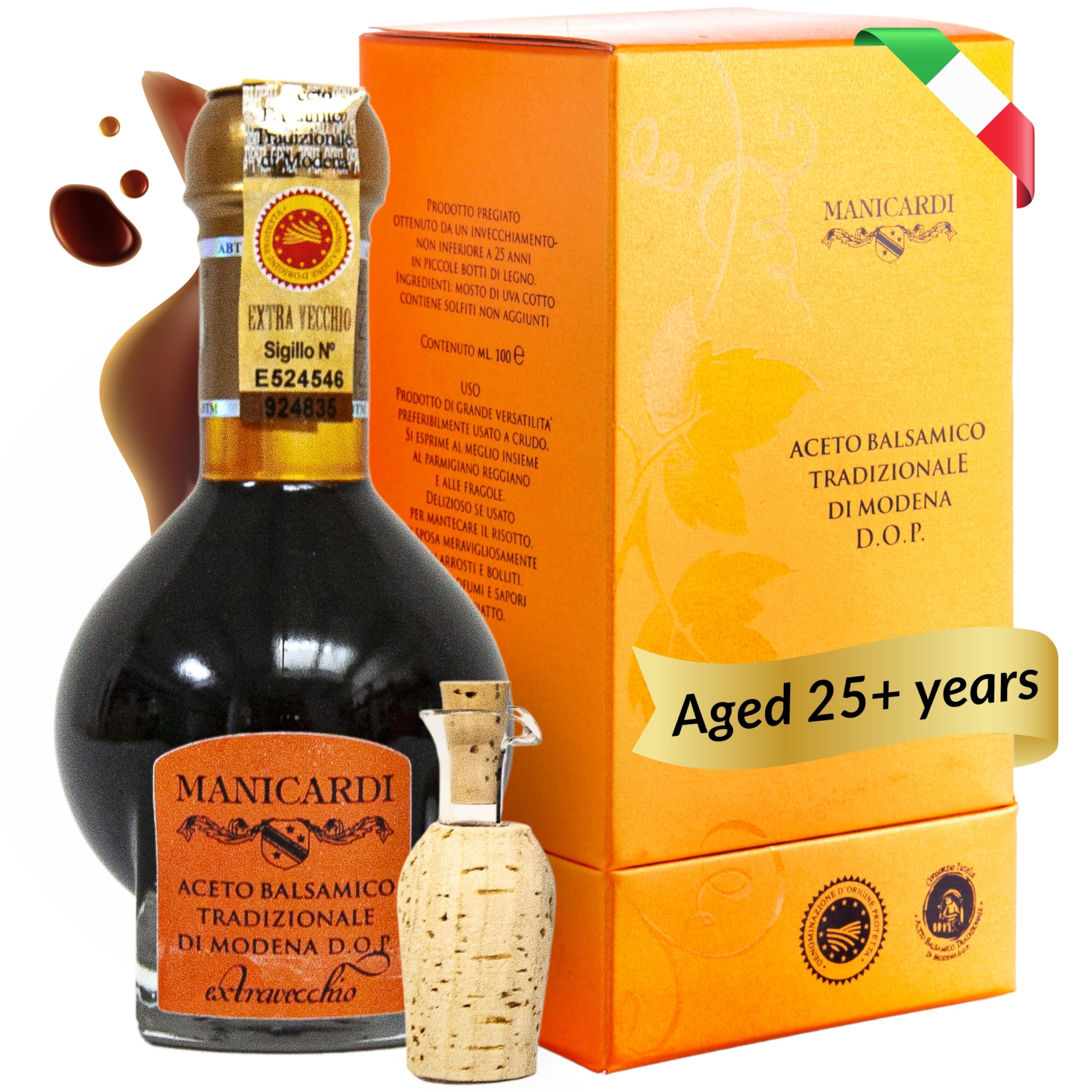 MANICARDI Extra Aged Balsamic Vinegar of Modena PDO - 25 Years - Perfect for Snacks, Pasta, Vegetables, Salad Dressings and Meat - Made in Italy - 3.38 Fl Oz (100 ml)