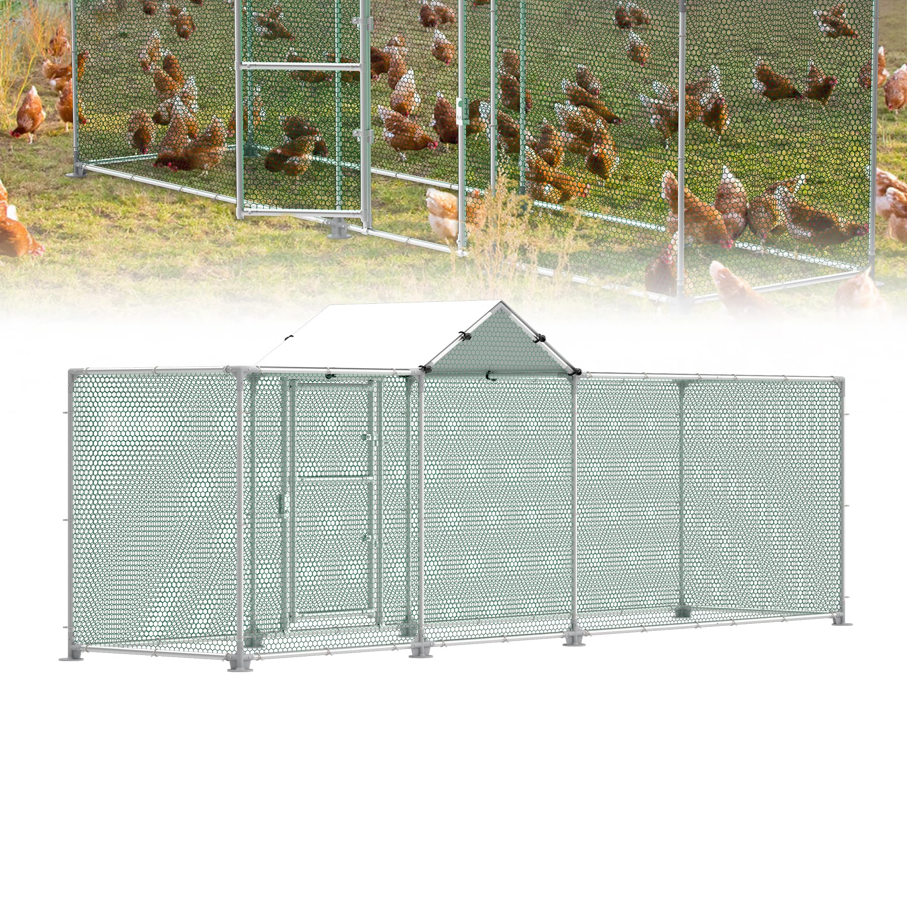 UISEBRT Gallinero para gallineros, 4 x 1 x 1,5 m, estructura de acero galvanizado, con cerradura para gallinas, animales pequeños