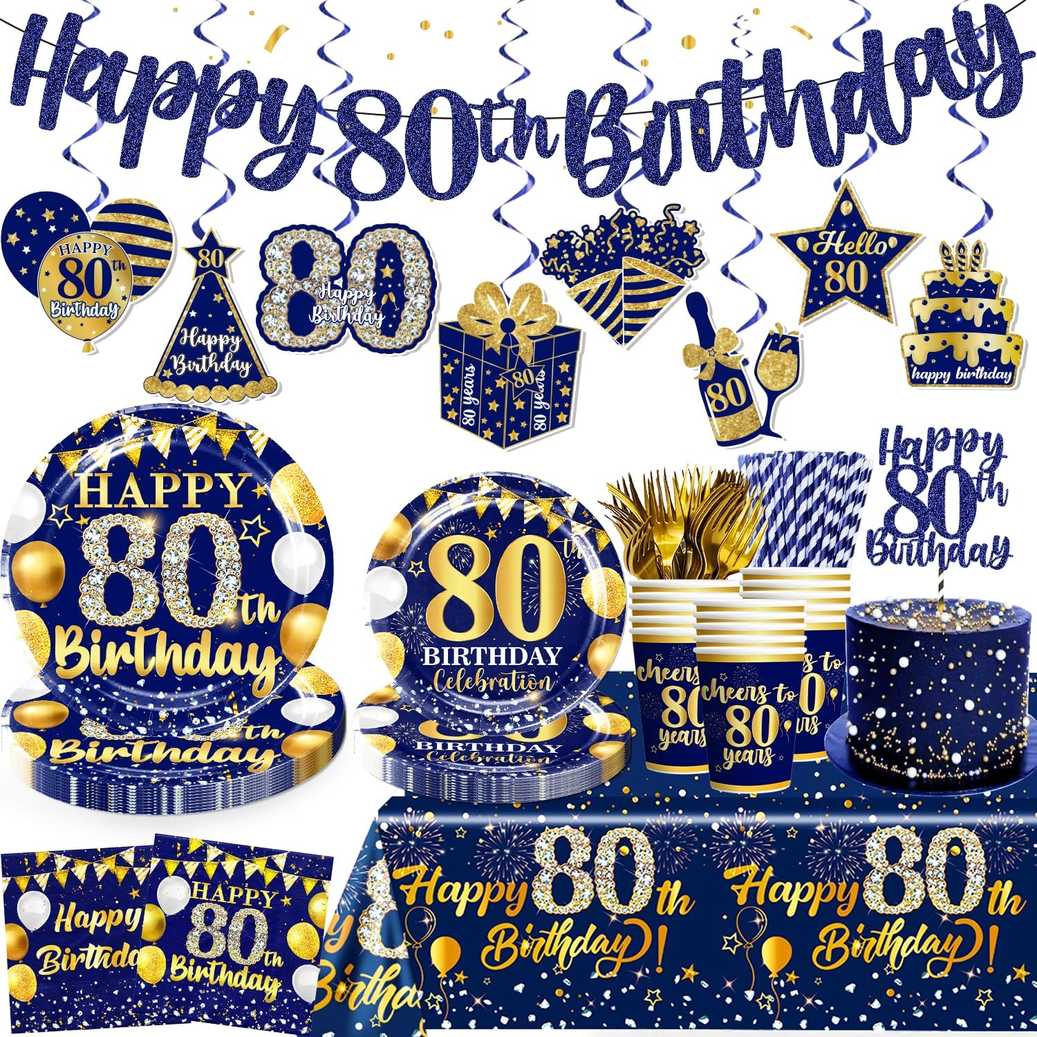169pcs 80th Birthday Decorations Tableware Set with Plates, Napkins, Cups, and Tablecloth Set, Banner, Hanging Swirls 80th Birthday Decorations for Men, Gold and Blue Cheers to 80 Years for 25 Guests