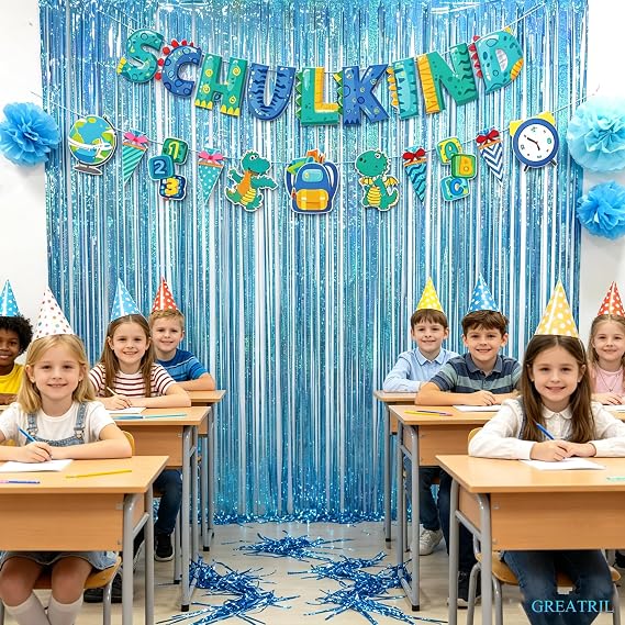 Tinsel Curtain Light Blue Glitter - Greatril Streamers Party Curtains Birthday Decoration for School Child Boy Sponge Toy Mermaid Frozen Dog Underwater World Frozen Brawl Party