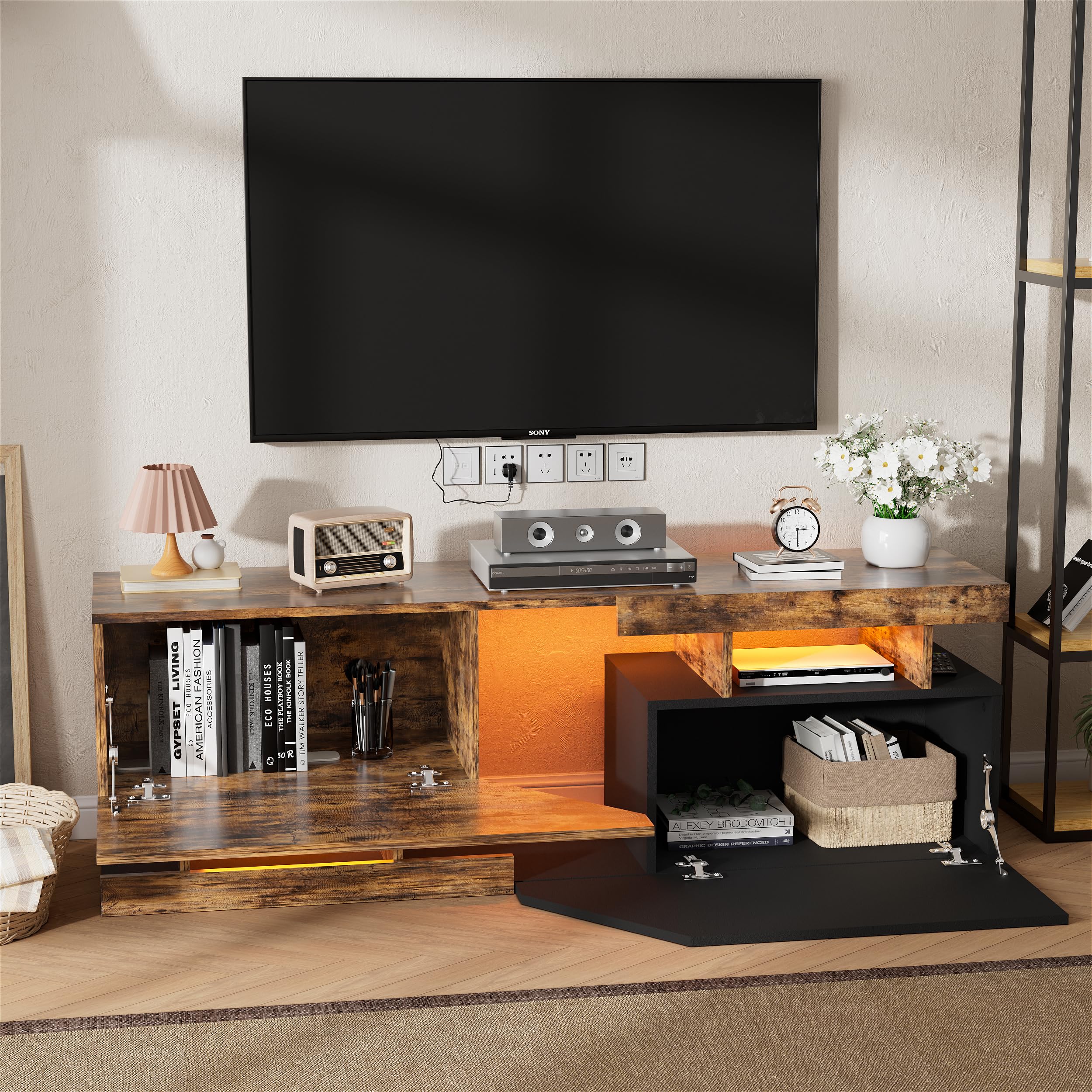 Meuble TV pour Télévision jusqu'à 65 Pouces Banc TV LED Armoire de Télévision avec ouverture sans poignée 2 volets/portes Meuble Télé de Salon Lowboard pour Téléviseur Salon, Salle à Manger, Chambre