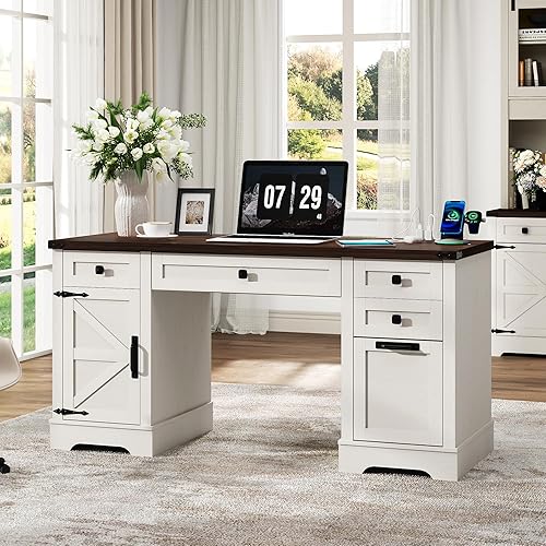 Escritorio de oficina en casa de granja de 58 pulgadas con cajones, escritorio ejecutivo de madera con estación de carga, cajones de archivos y