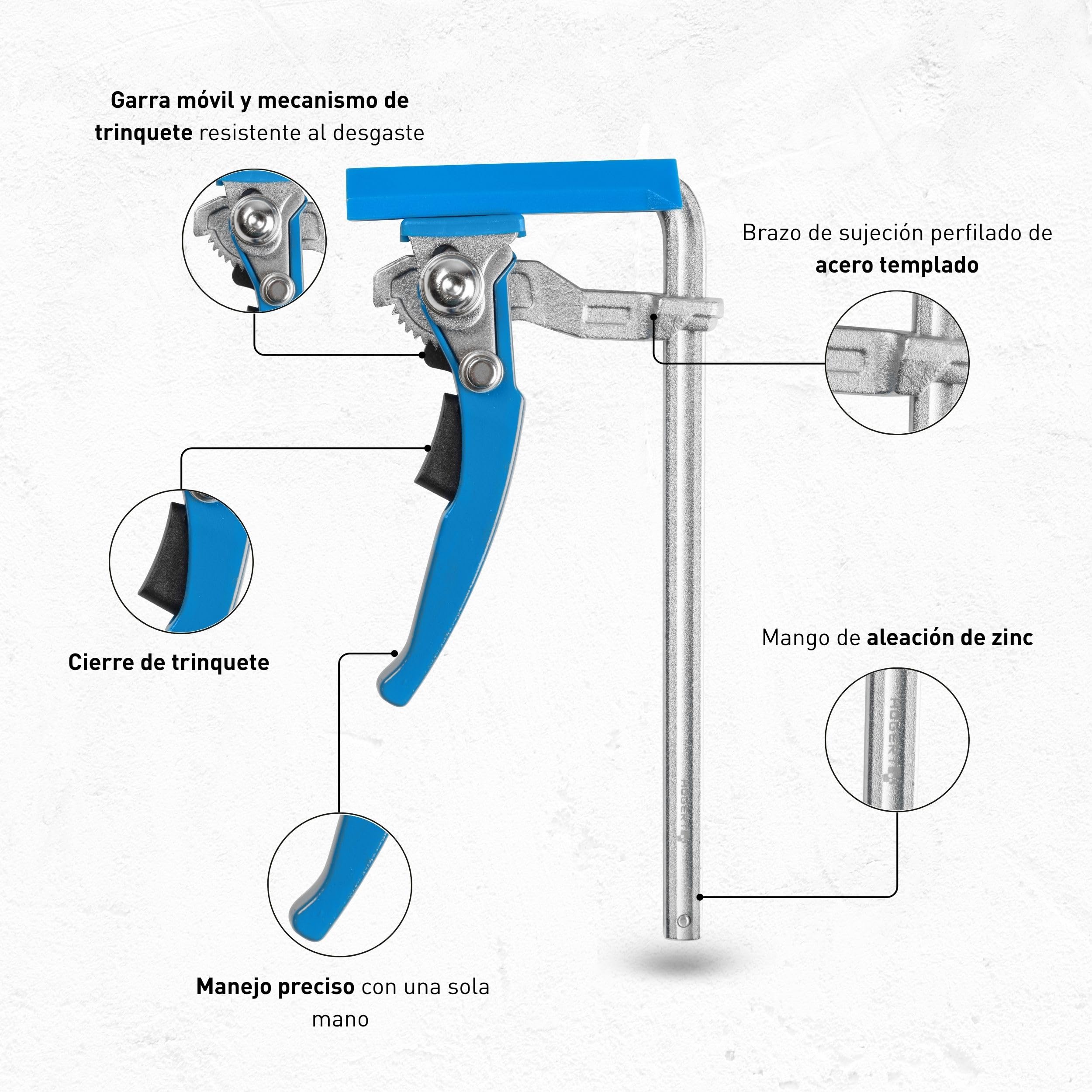 Högert Technik - Sargento de Palanca de 160 mm, Sargento Carpintero, Fuerza de Sujeción hasta 2050 N, Sargentos de Apriete, Carraca de Bloqueo, Regulación Rápida de la Fuerza de Presión - HT3B941
