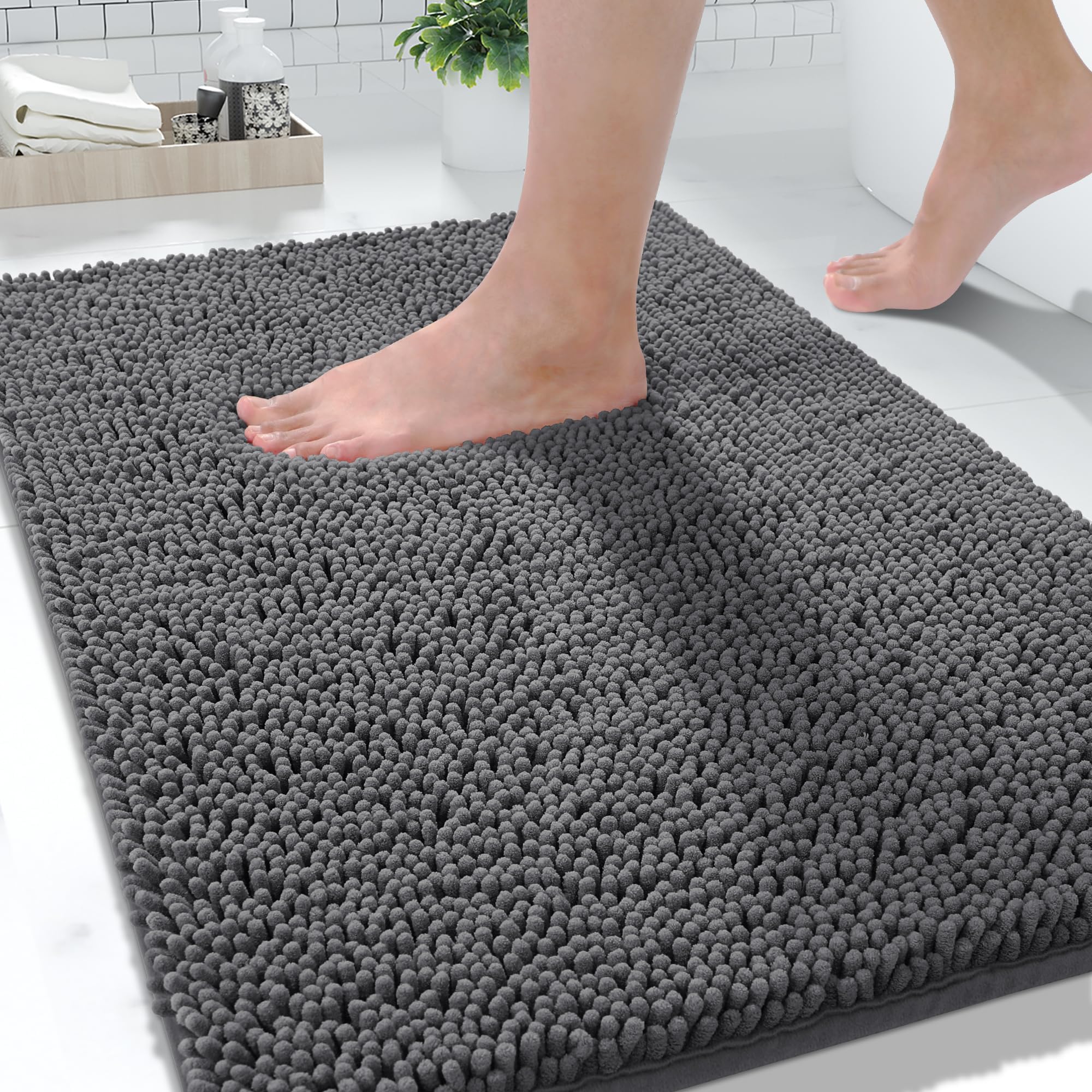 Yimobra Microfiber Luxury Chenille Bath Rug Mat, Soft Shaggy Bathroom Rugs, Super Absorbent and Thick Durable, Non-Slip, Machine Washable, Bath Mats for Bathroom, 32x20,Dark Gray