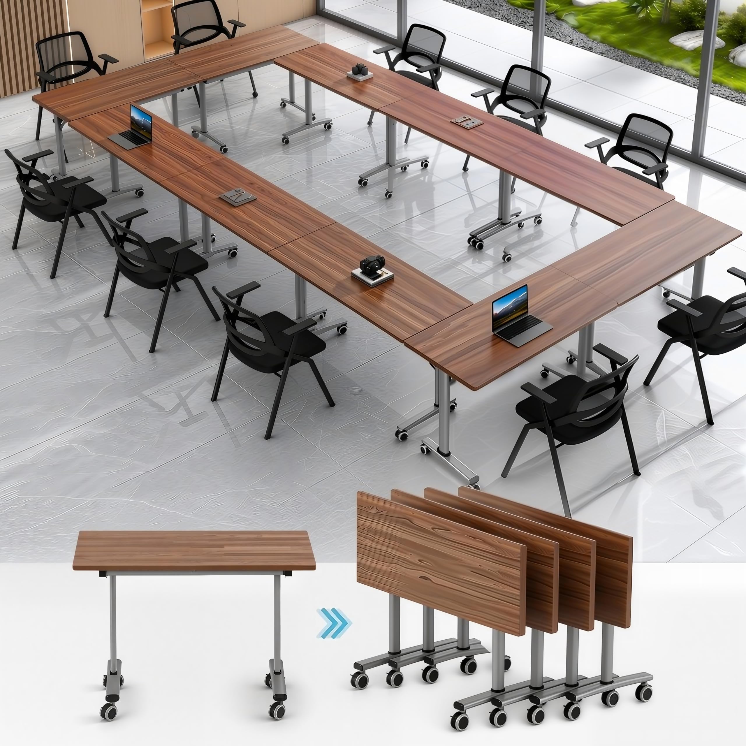 Folding Conference Table with Wheels, Mobile Flip-Top Training Table, Modular Space-Saving Meeting Table for Office, Classroom, Seminar, Library,Walnut,47IN,30