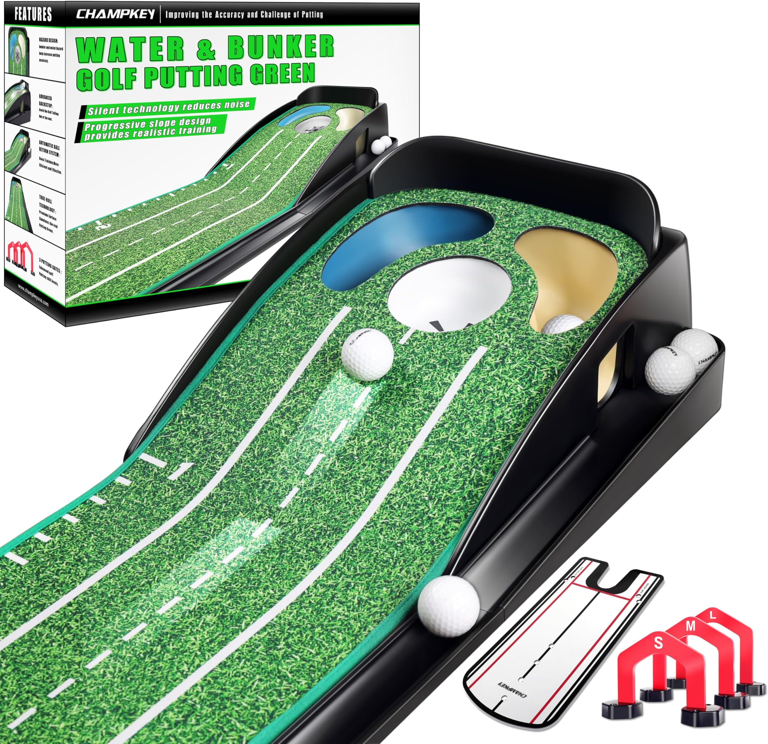 CHAMPKEY Professional Realistic Golf Putting Green Come with Golf Putting Gates and Putting Mirror - Simulates Real Putting Green and Hazard Golf Putting Mat