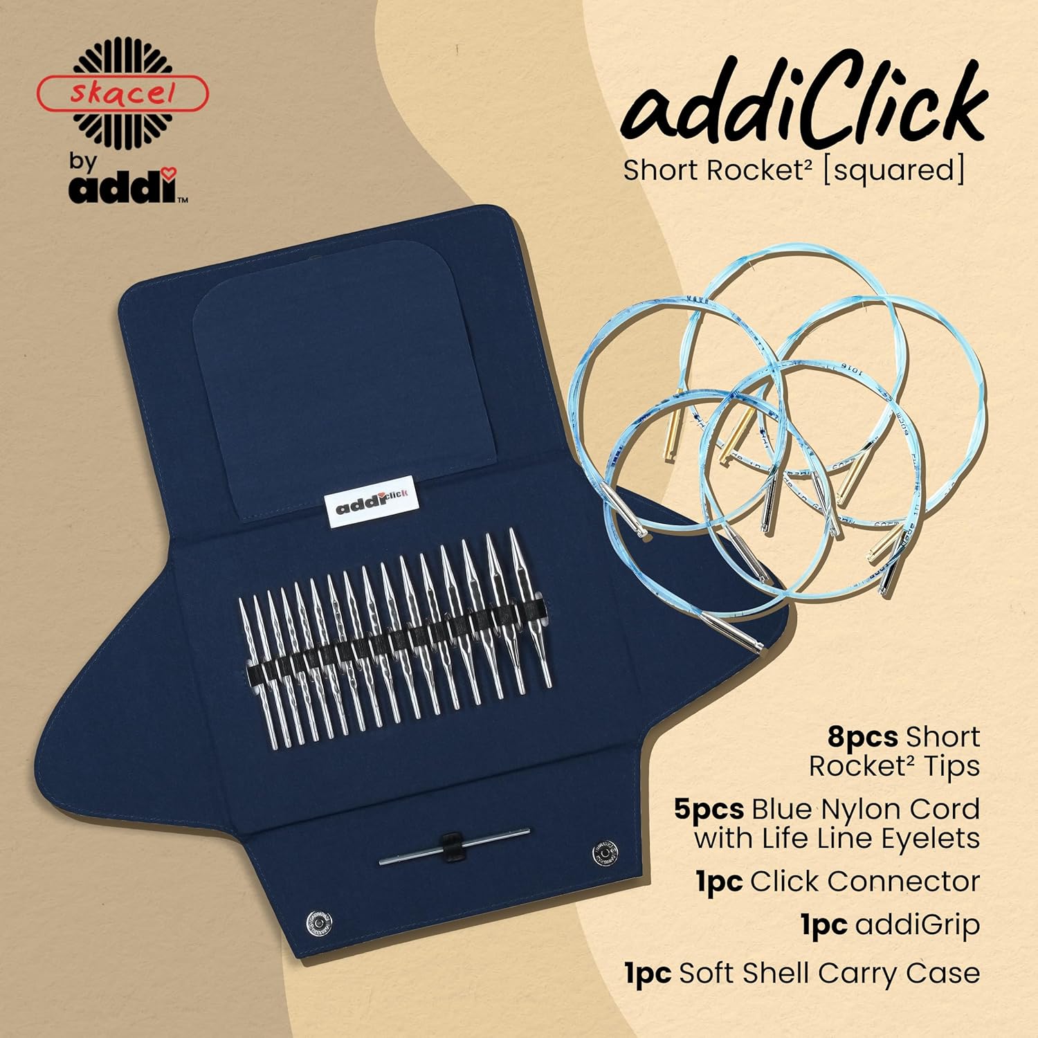 skacel by addi addiClick Interchangeable Knitting Needles Set, Circular Needle Kit with Short Rocket 2 (Squared) Plated Brass Tips and Nylon Cords
