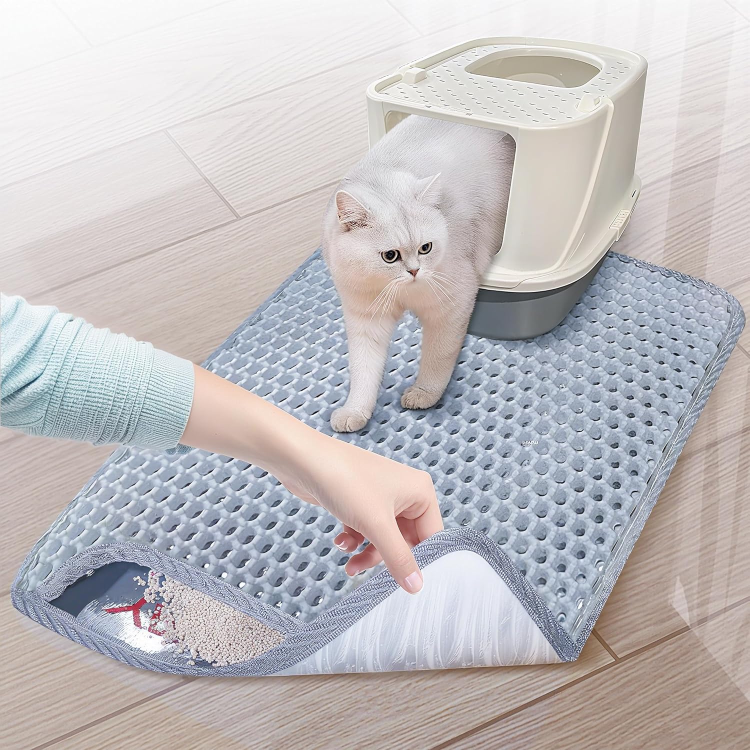 PAKEWAY Adhesive Cat Litter Mat - 27'' x 20'' Large Double-Layer Trapping Mat, Non-Slip Waterproof & Urine-Resistant, Easy Clean Kitty Litter Box Mat for Floor, Stops Litter Tracking