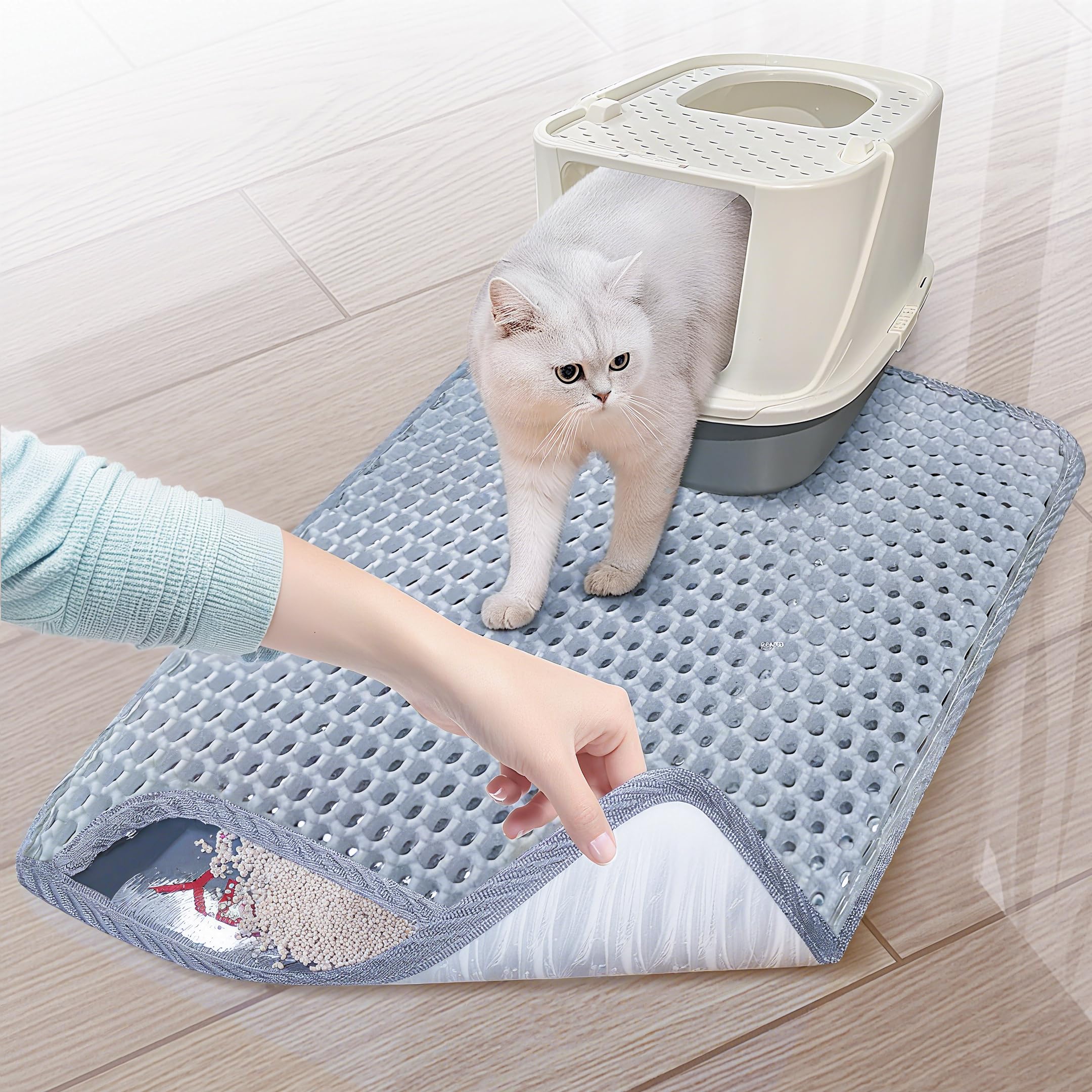 PAKEWAY Adhesive Cat Litter Mat - 27'' x 20'' Large Double-Layer Trapping Mat, Non-Slip Waterproof & Urine-Resistant, Easy Clean Kitty Litter Box Mat