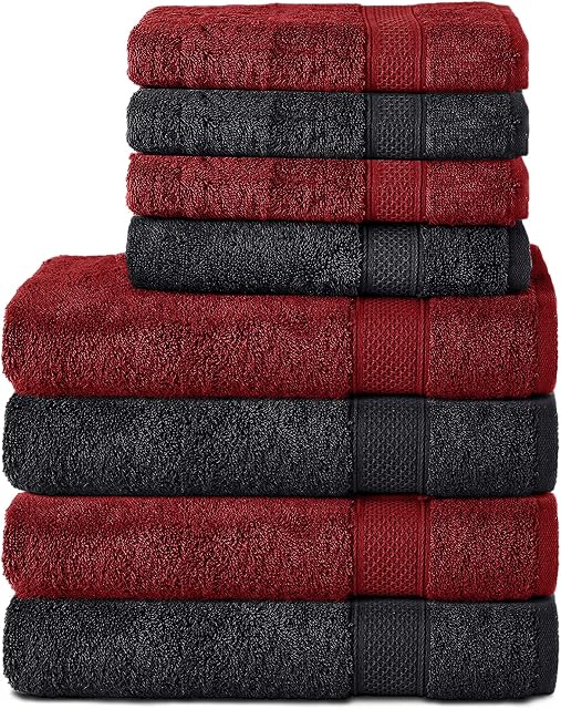 Komfortec 8-częściowy zestaw ręczników ze 100% bawełny, 4 ręczniki kąpielowe 70 x 140 cm i 4 ręczniki do rąk 50 x 100 cm, frotte, miękkie, duże ręczniki, czarne/czerwone Aurora
