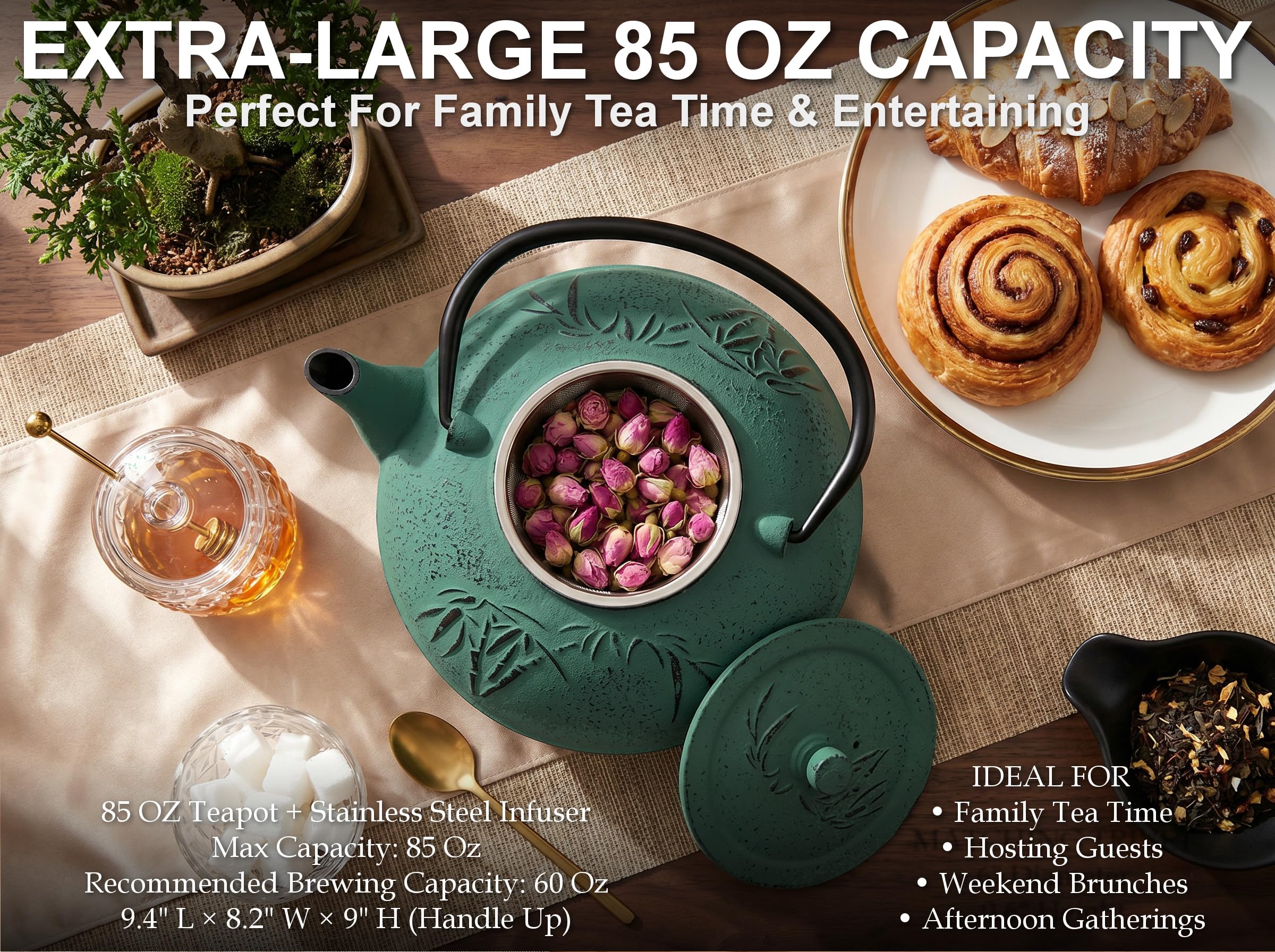 Tetera japonesa XXL de hierro fundido con infusor y salvamanteles a juego, tetera grande de 2500 ml con hojas sueltas de tetsubina con interior esmaltado, juego de humidificador de hierro fundido
